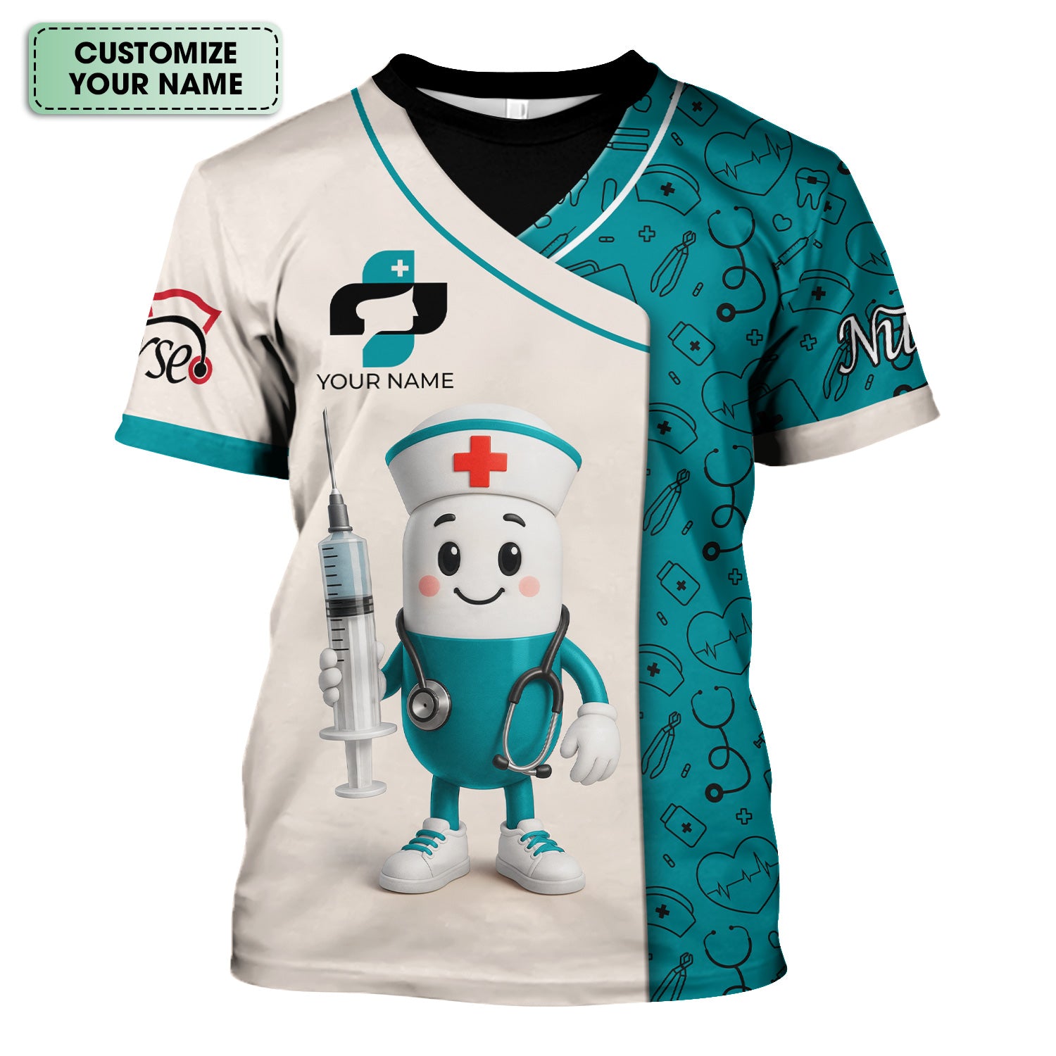 Personalized Medical Nurse Shirt - Cute Pill Cartoon Doctor with Syringe Stethoscope Design - Custom Name Gift for RN LPN CNA Multiple Color Options Available