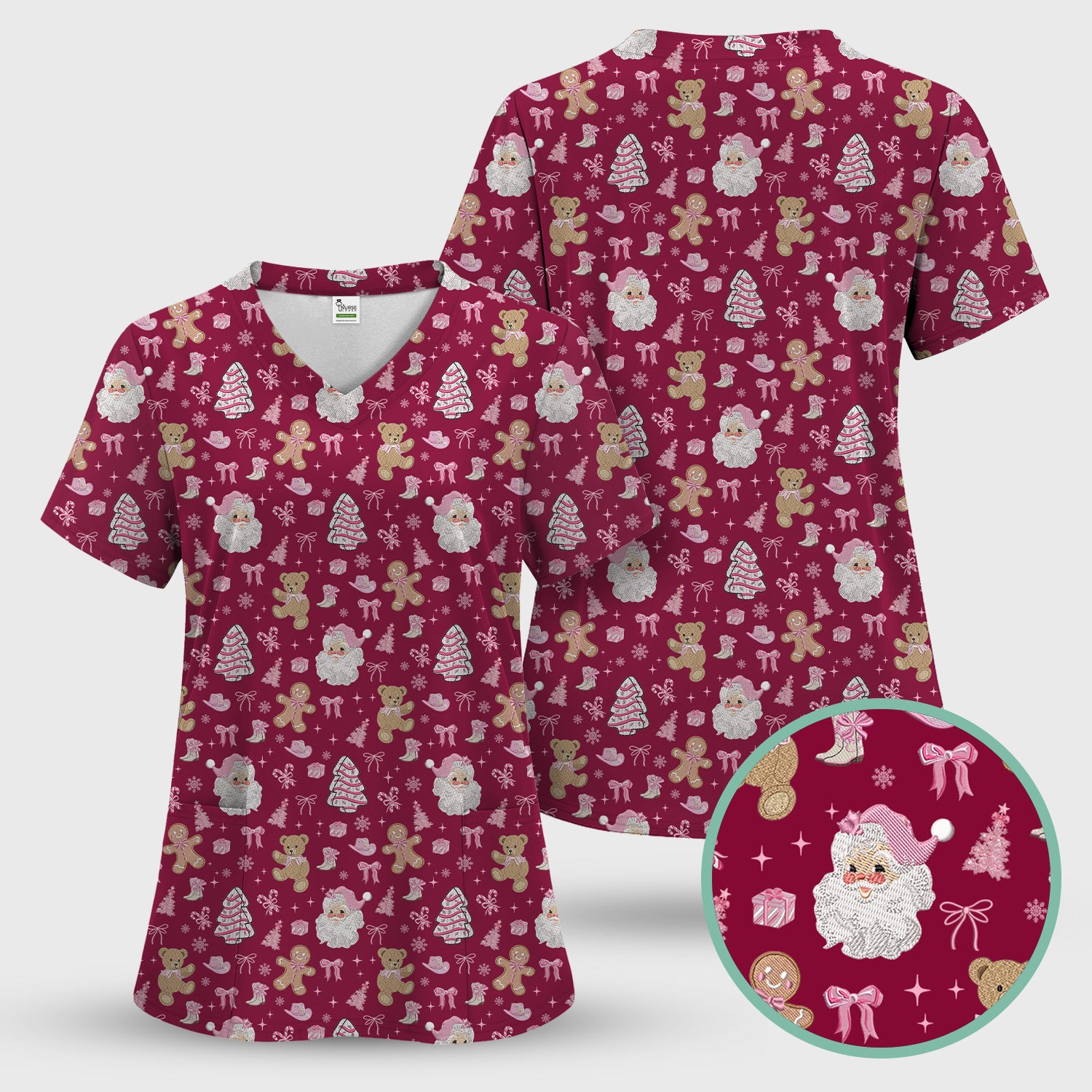 Pink Christmas Santa Gingerbread Scrub Top, Cute Holiday Medical Pattern Shirt, Breathable Fabrics Nursing Uniform