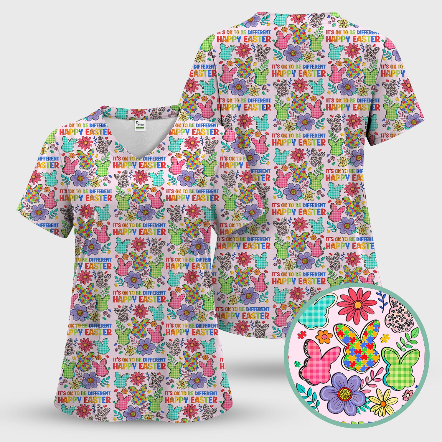 Happy Easter Bunny Floral Print Scrub Top, Breathable Fabrics Nursing Uniform