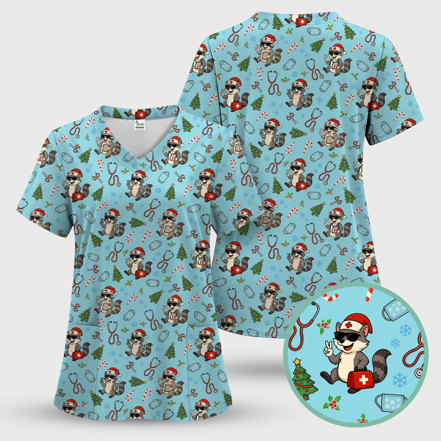 Funny Christmas Nurse Scrub Set - Raccoon Pattern with Santa Hat, Stethoscope and Tree - Cute Holiday Medical Scrubs Pants and Top Gift for RN CNA LPN
