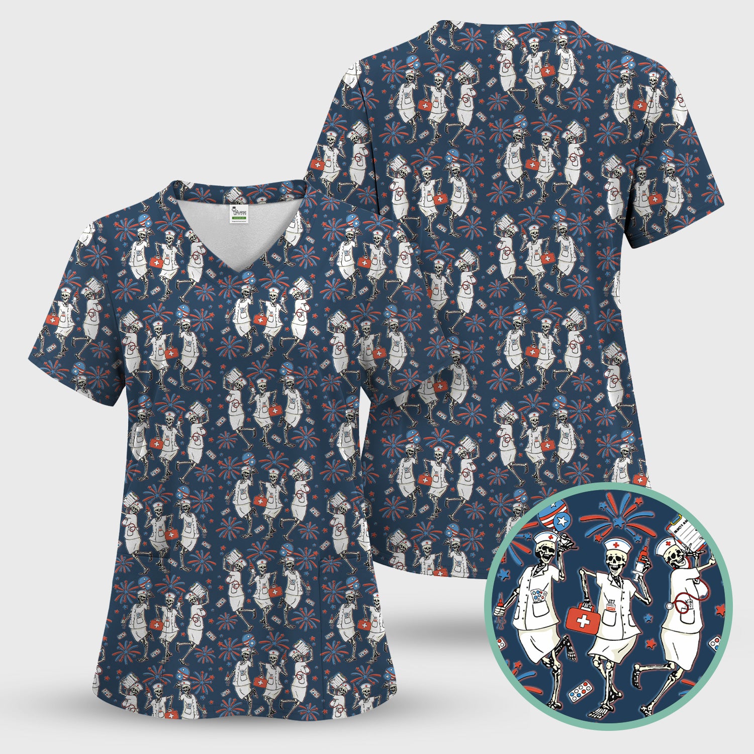 Funny Skeleton Nurse Patriotic Print Scrub Set, Scrub Pants and V Neck Top