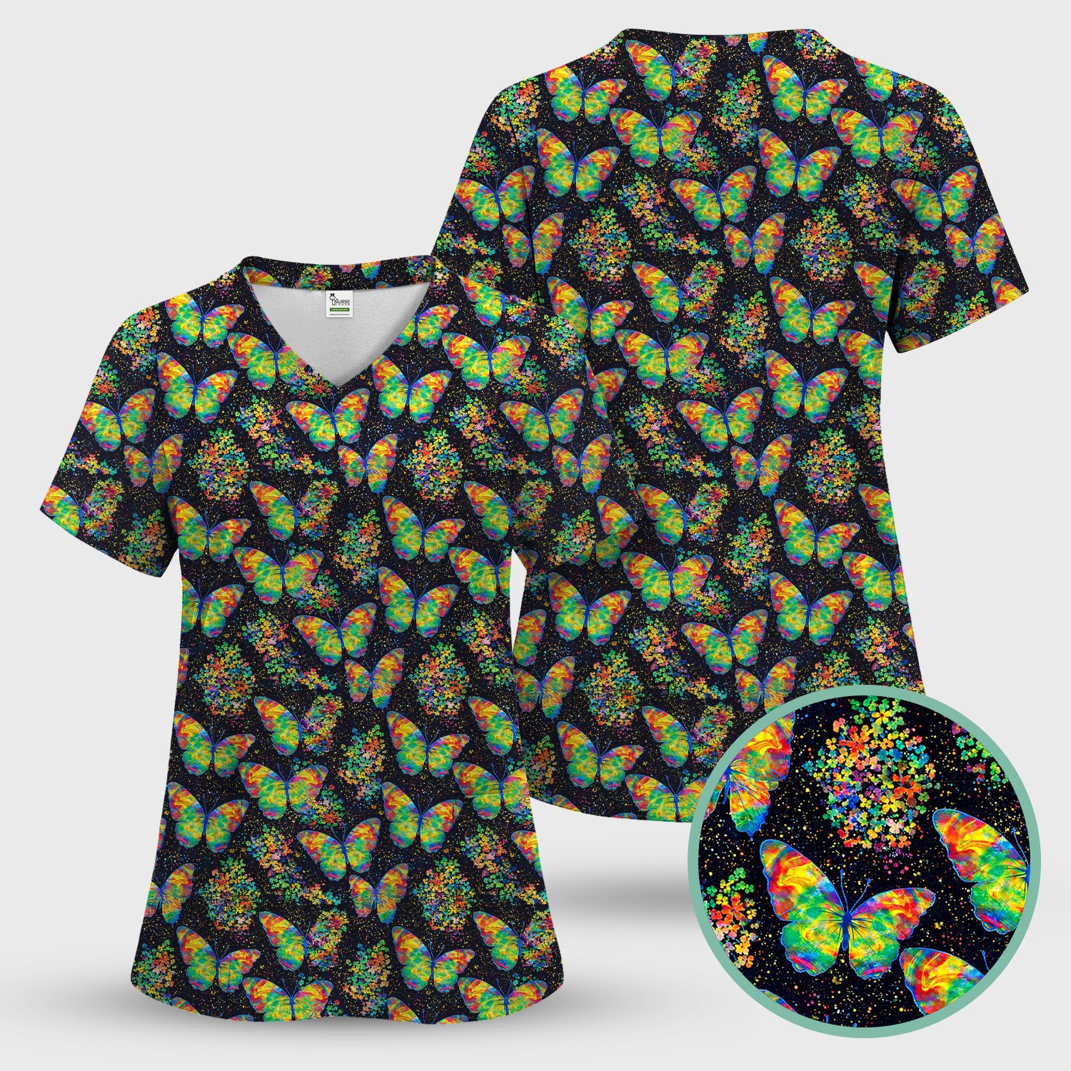 Rainbow Butterfly Galaxy Pattern Scrub Top, Comfortable Scrubs for Nurses