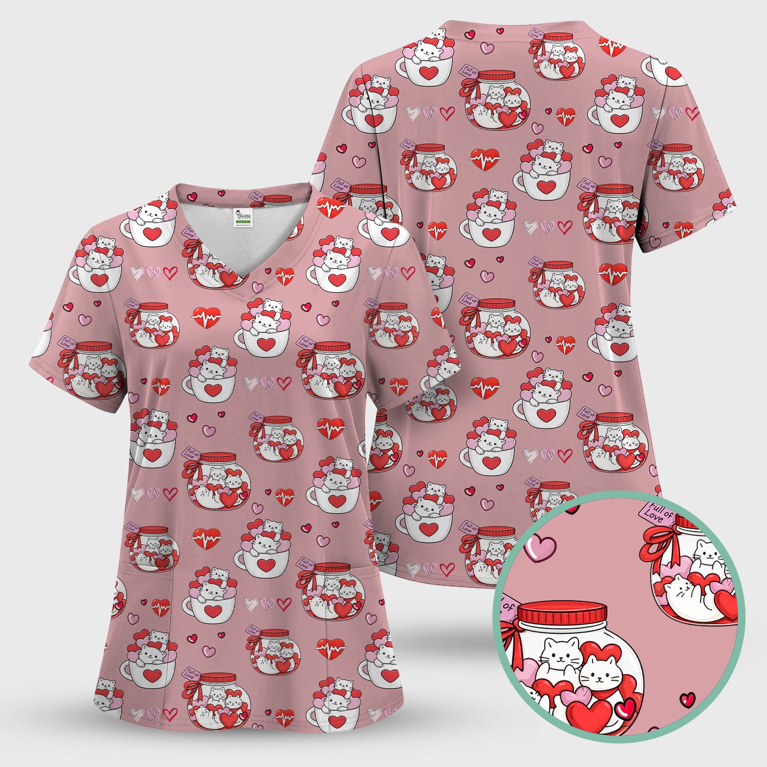 Cute Cat Valentine Nurse Scrub Top, Comfortable Scrubs for Nurses