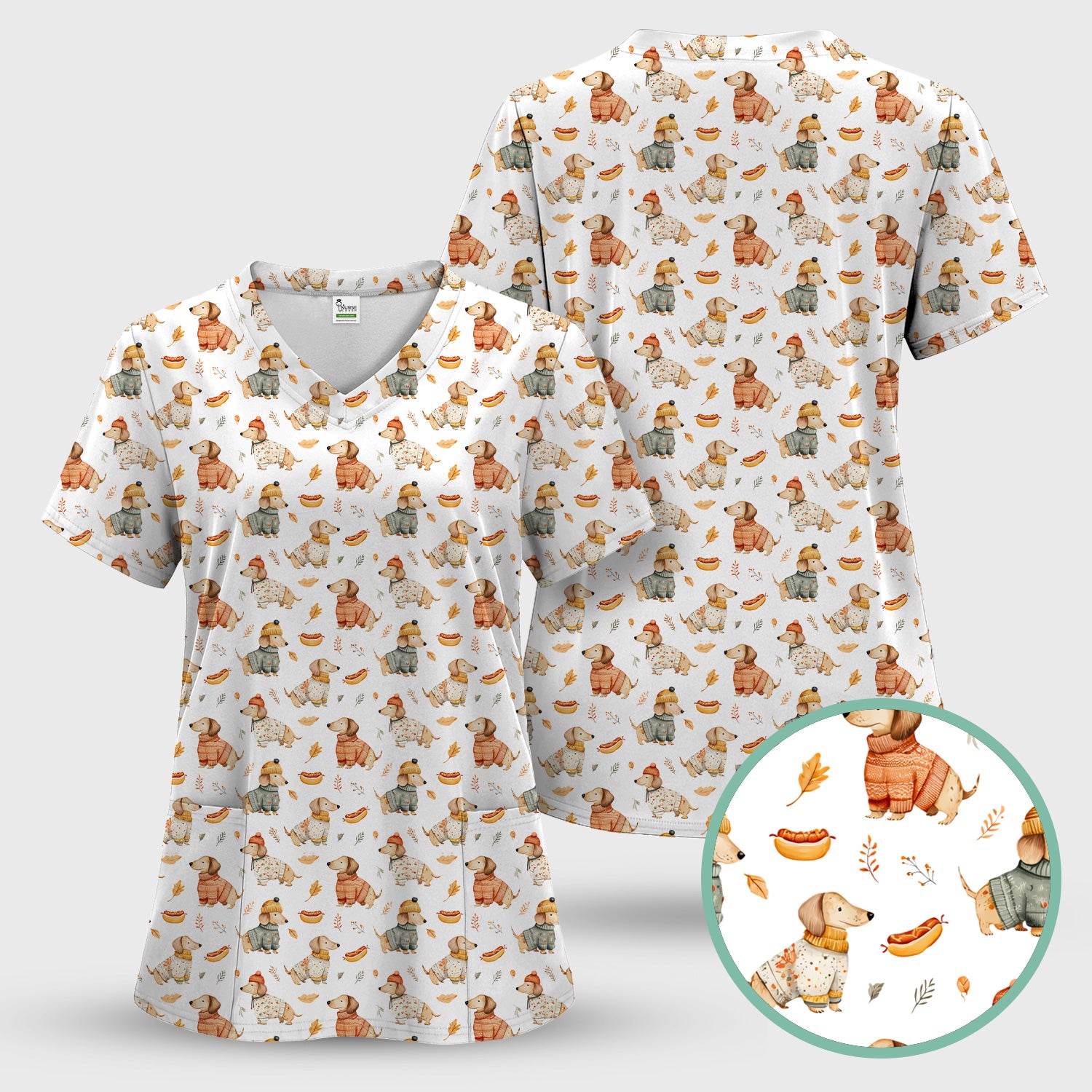 Autumn Dachshund Dog Sweater Print Scrub Top, Comfortable Scrubs for Nurses