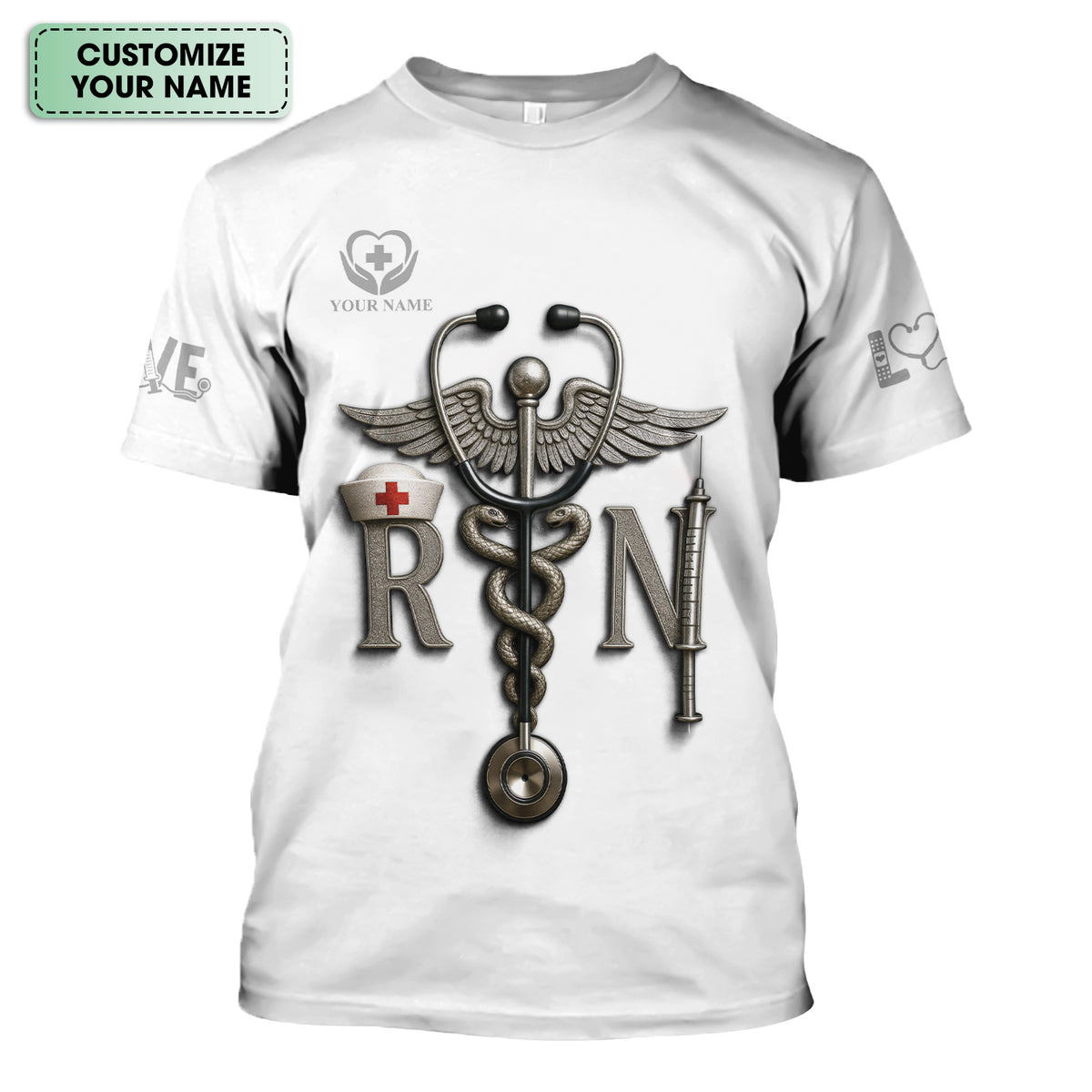 Personalized RN Nurse Shirt - Caduceus & Syringe Graphic - Custom Gift with Multiple Color Options for CNA LPN Medical Staff