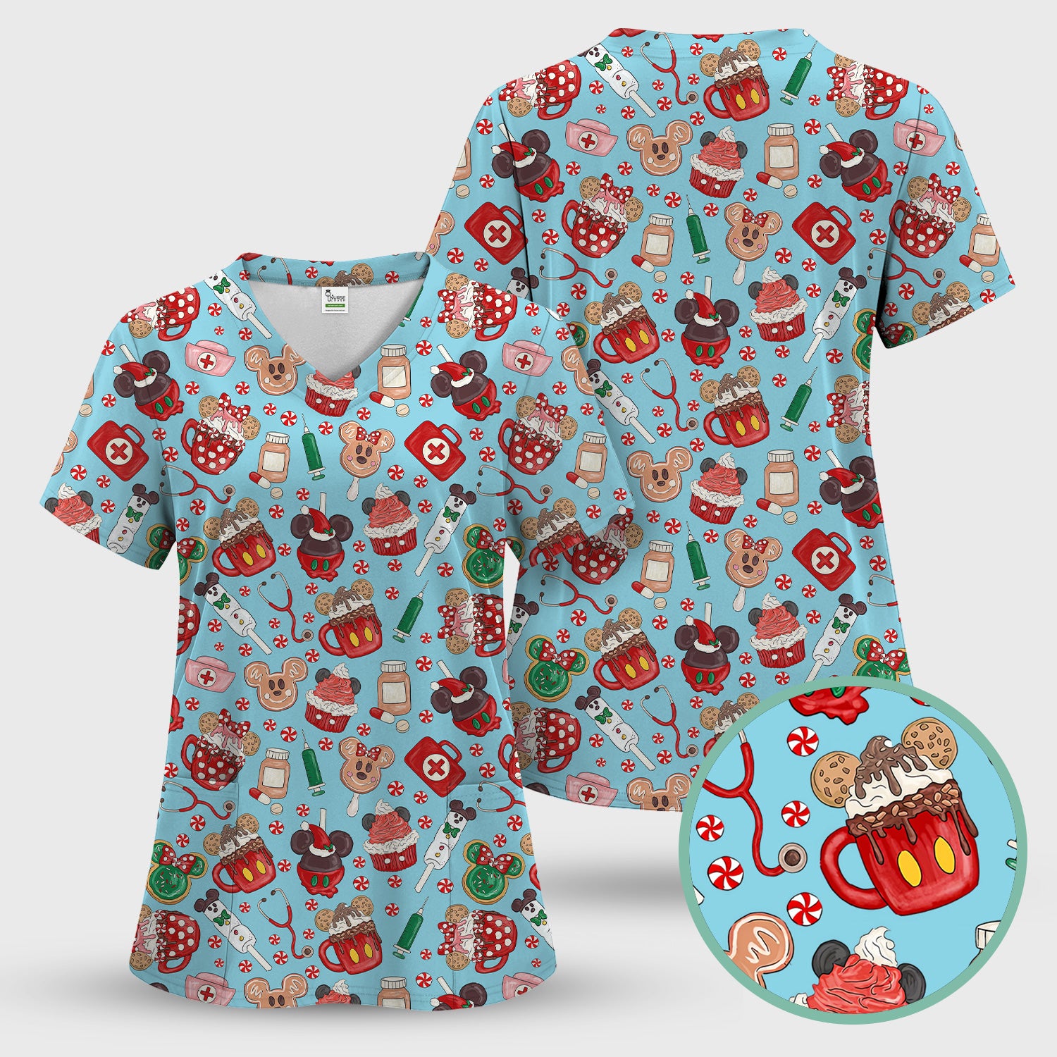 Christmas Scrub Top for Nurses - Cute Gingerbread Cupcake Candy Medical Shirt - Xmas Holiday Uniform for Women RN CNA LPN