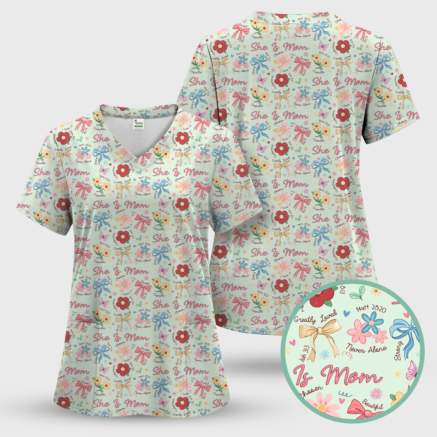 She Is Mom Floral Bow Pattern Scrub Top, Comfortable Scrubs for Nurses