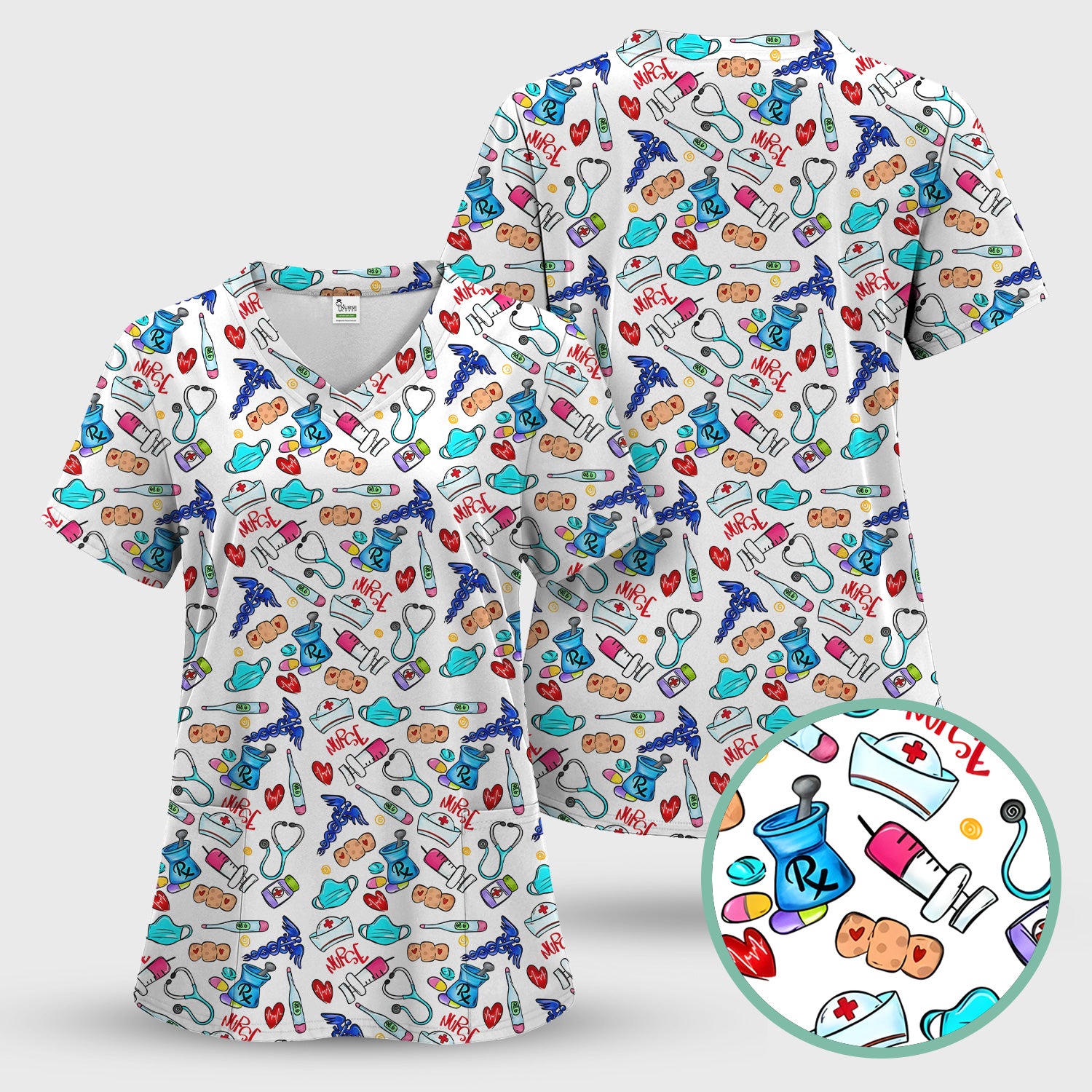 Nurse Medical Icons Stethoscope Heart Pattern Scrub Top, Comfortable Scrubs for Nurses