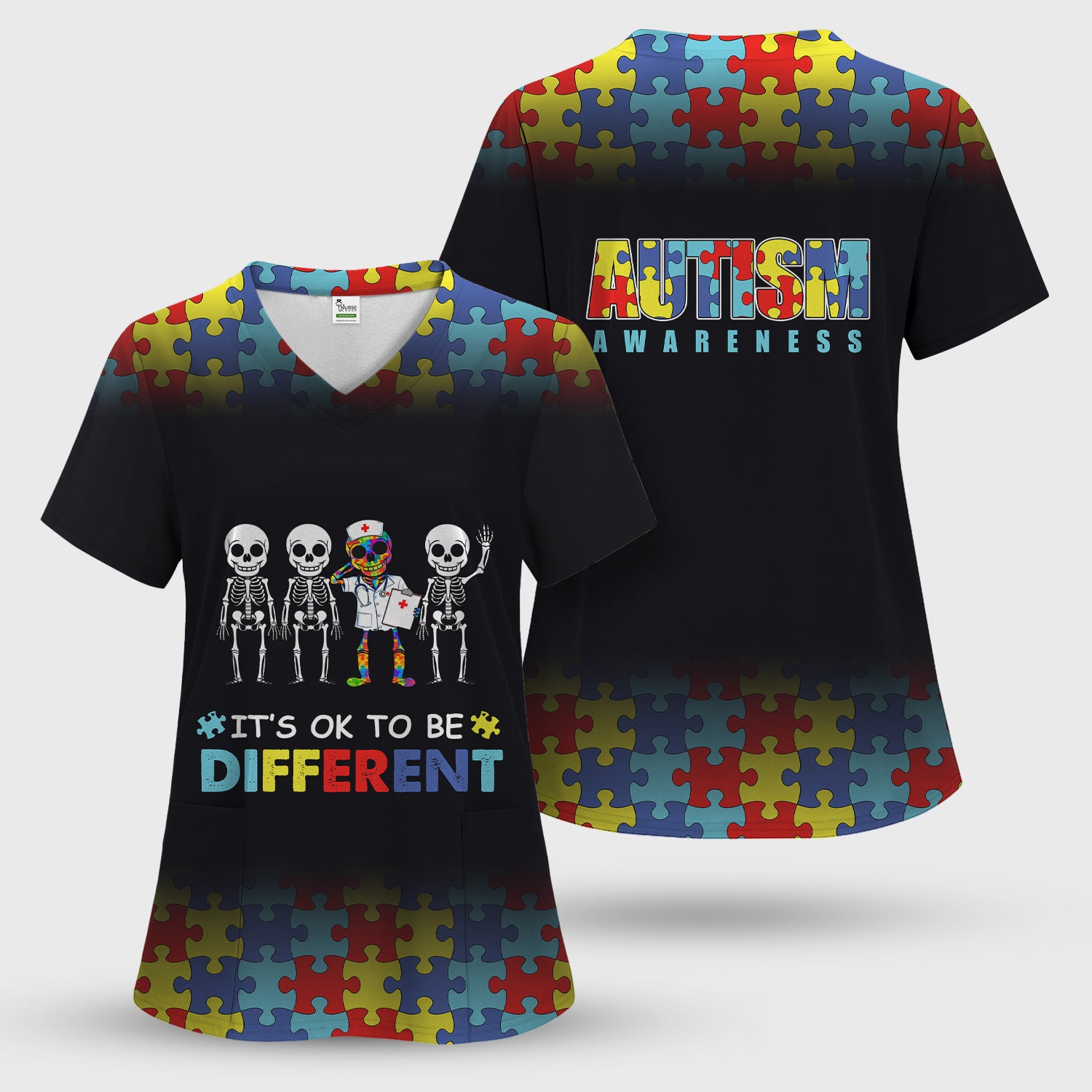 Autism Puzzle Skeleton Nurse It's OK to Be Different Scrub Top, Comfortable Scrubs for Nurses