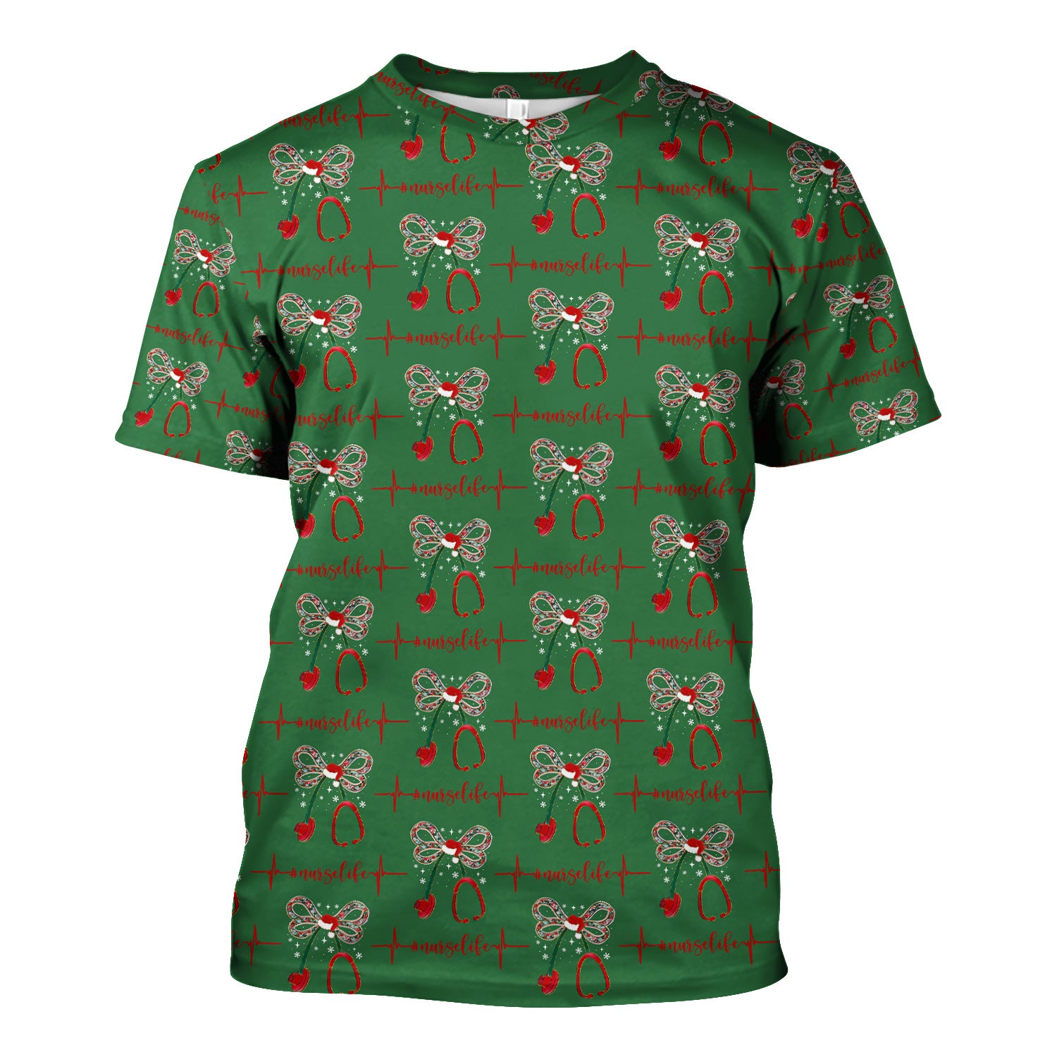 Personalized Funny Nurse Christmas Scrub Top - Stethoscope with Holiday Bow & Heartbeat Pattern - Gift for RN LPN CNA Healthcare Staff