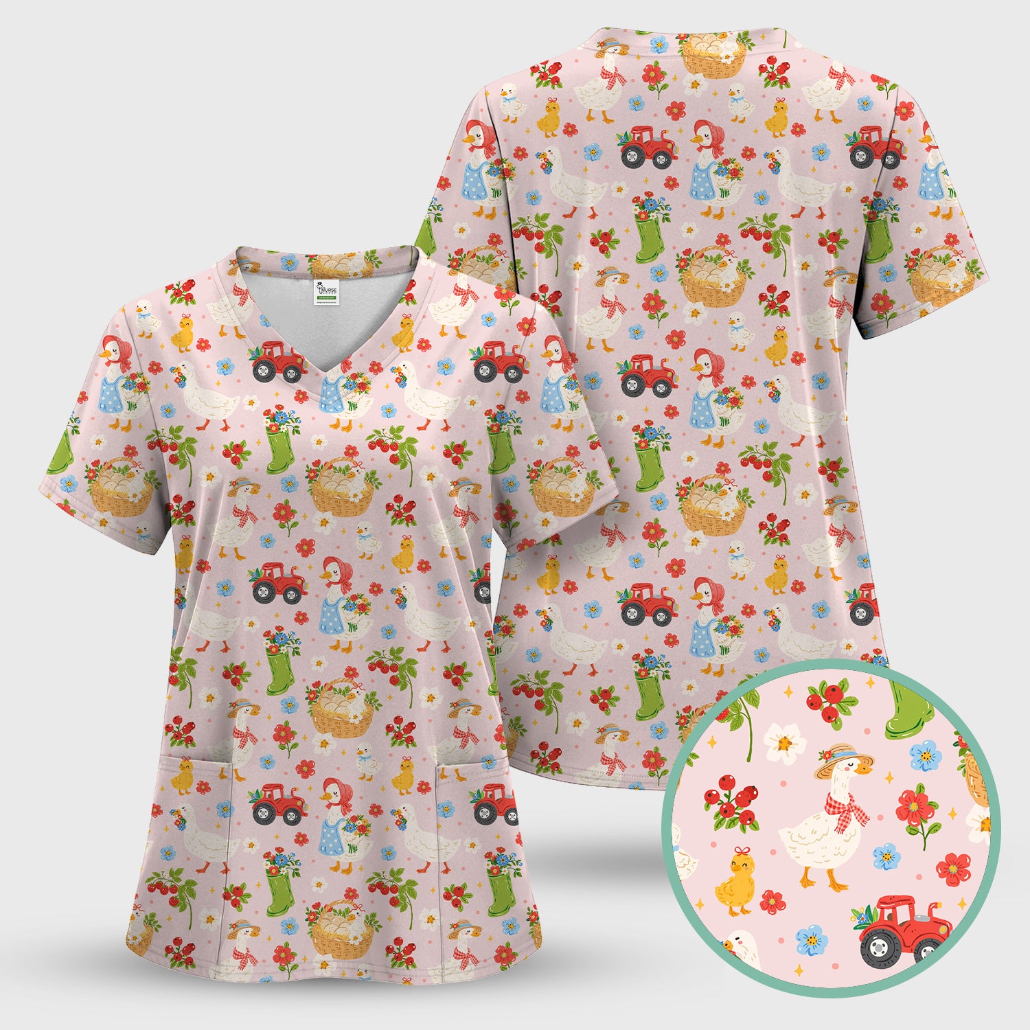 Farm Duck Chicken Tractor Flower Basket Scrub Top, Breathable Fabrics Nursing Uniform
