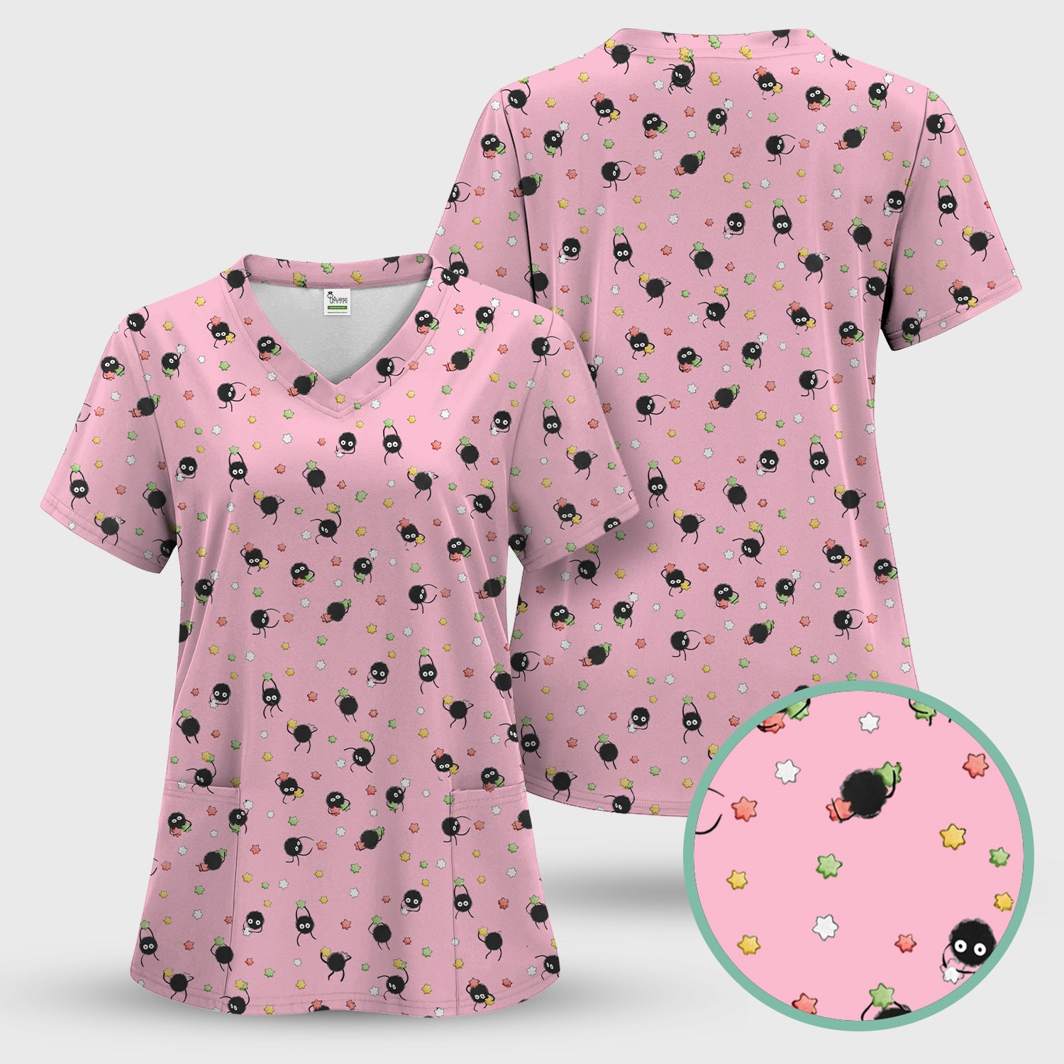 Funny Spider Pattern Pattern Pattern Scrub Top, Cartoon Spider Pattern Nursing Uniform For Women