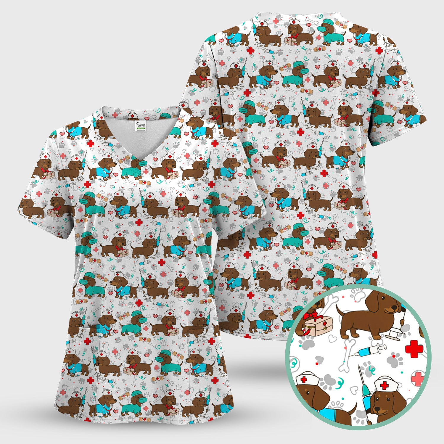 Cute Wiener Dog Dachshund Nurse Scrub Top, Funny Dachshund Dog Scrubs Shirt, Breathable Fabrics Nursing Uniform
