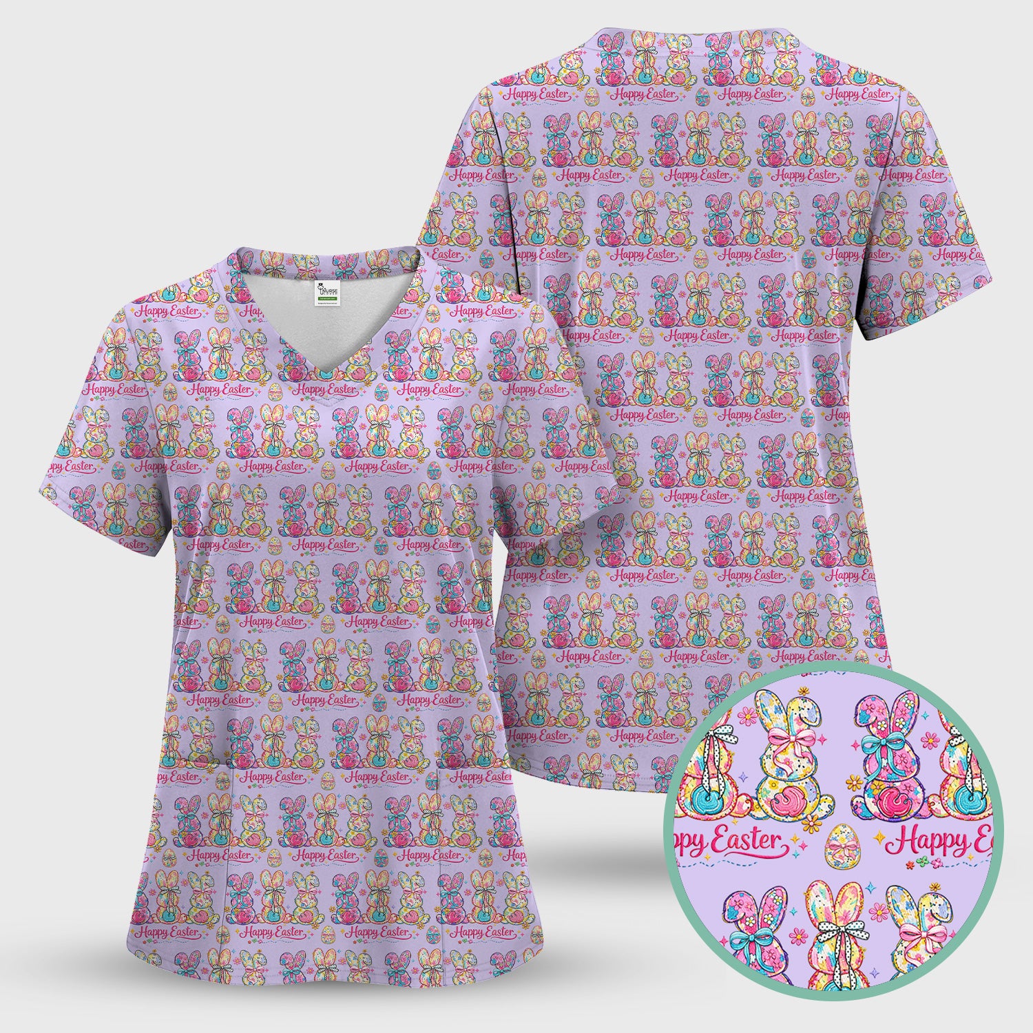 Pink Happy Easter Bunny Pattern Scrub Set, Scrub Pants and V Neck Top