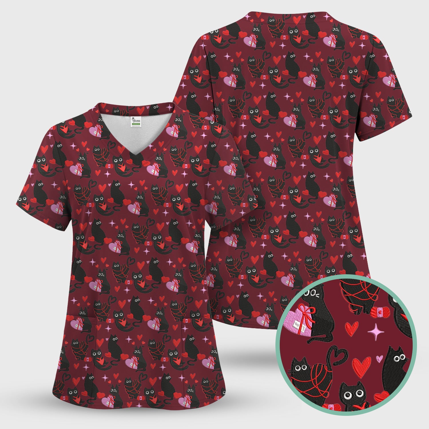Valentine’s Day Scrub Top, Cute Black Cat With Heart Pattern Nurse Shirt, Breathable Fabrics Nursing Uniform