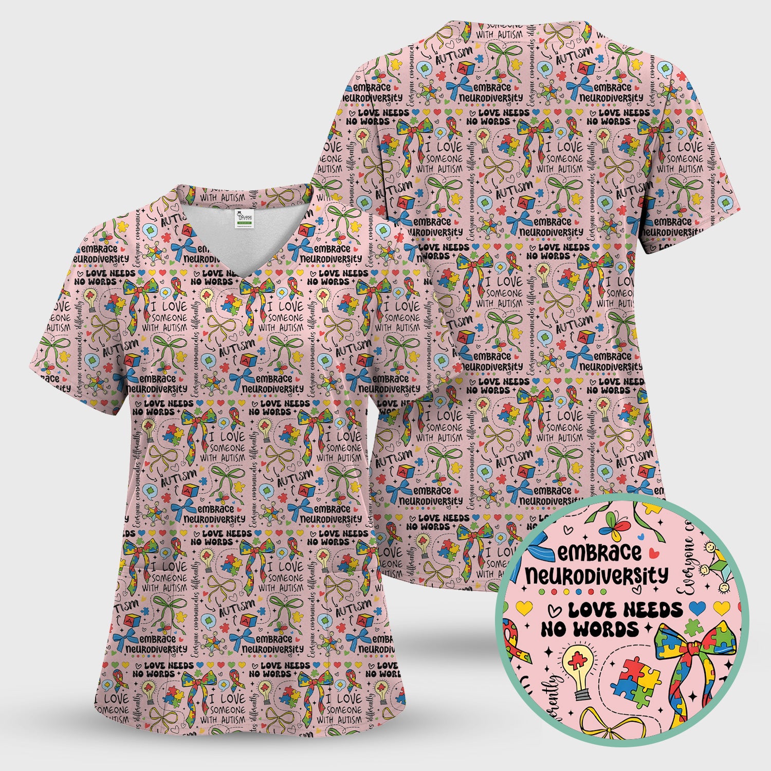 Autism Awareness Puzzle Ribbon Pattern Scrub Set, Scrub Pants and V Neck Top