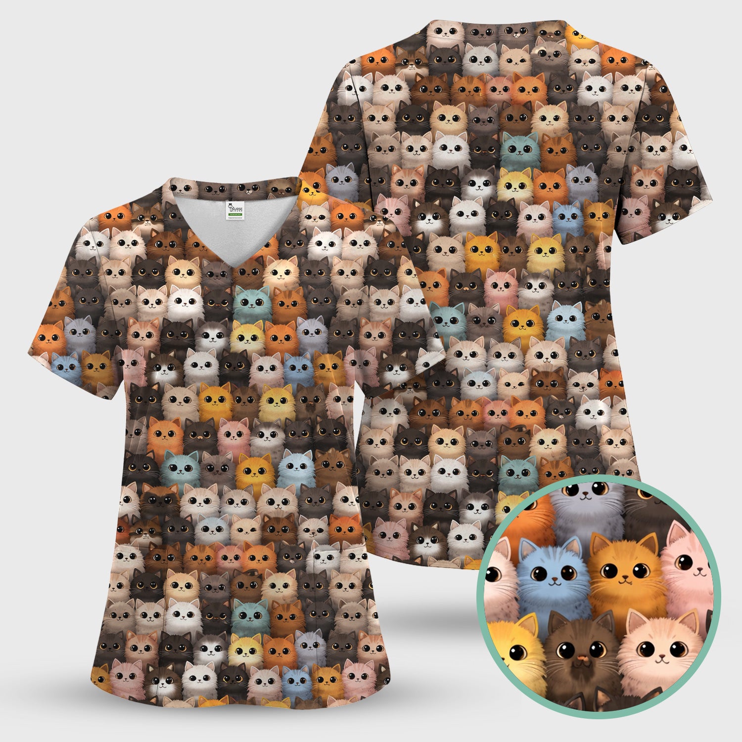 Cute Colorful Cat Pattern Scrub Set, Clinic Work Pants and V Neck Top
