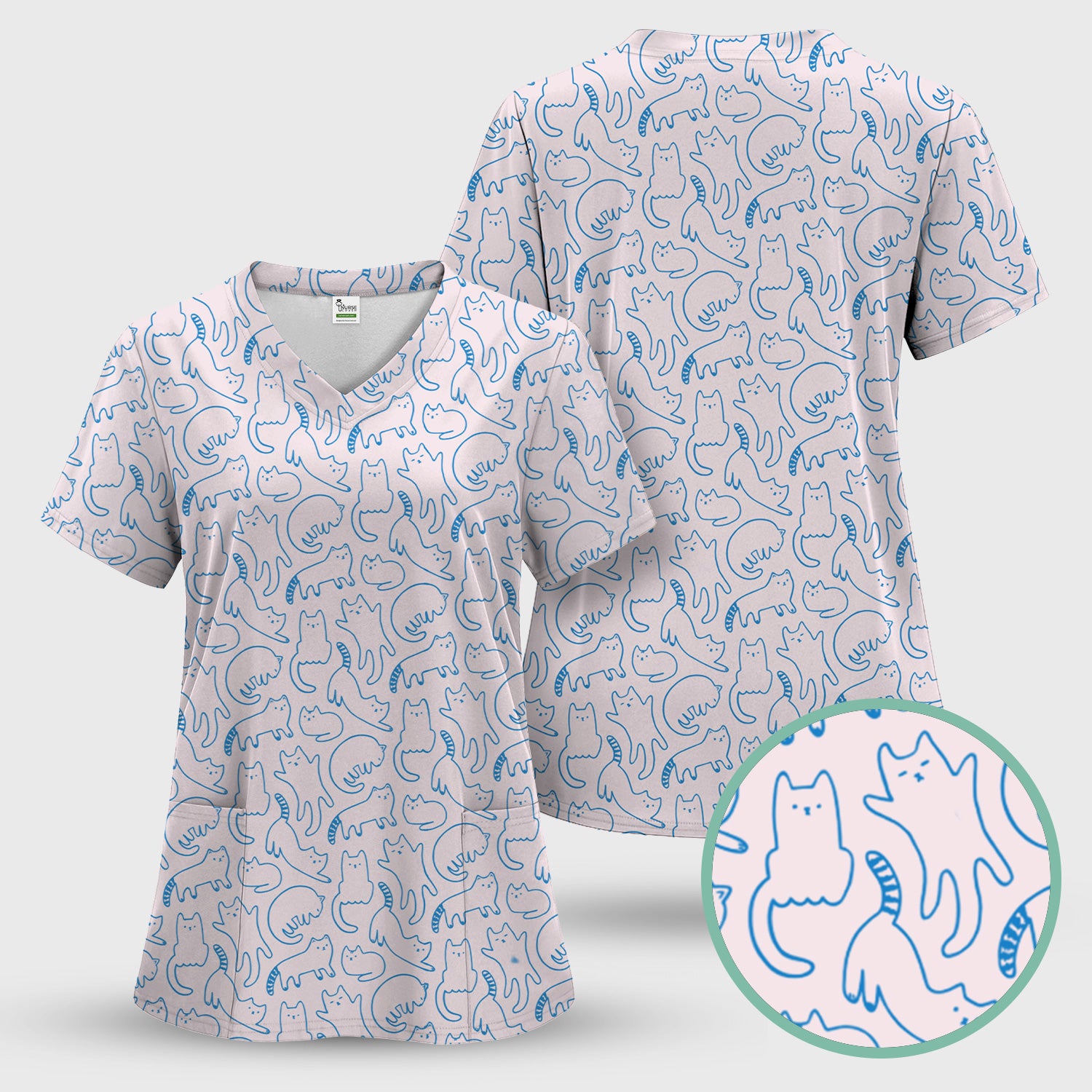 Artistic Cat Pattern Medical Scrub Top, Breathable Fabrics Nursing Uniform