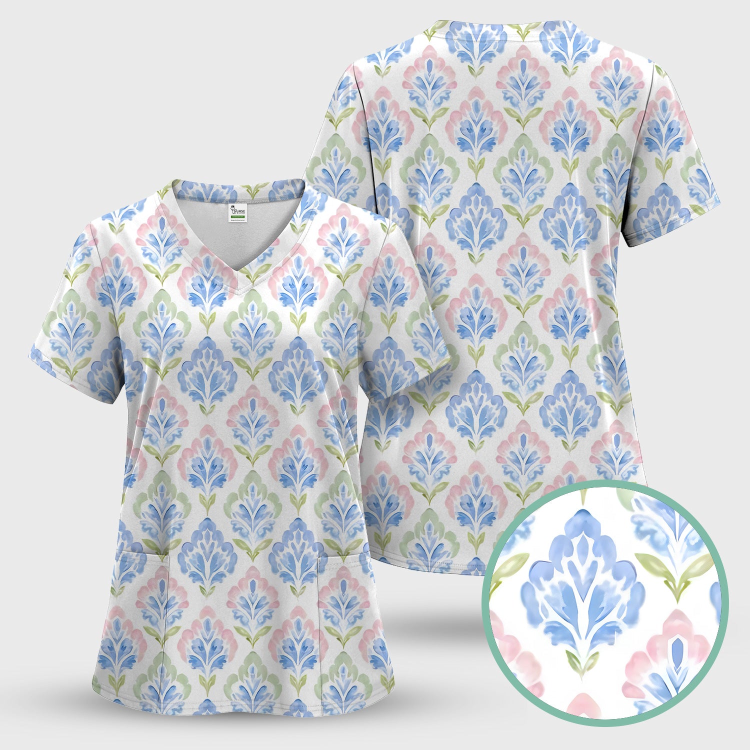 Blue Floral Damask Pattern Scrub Set, Women's Scrub Sets