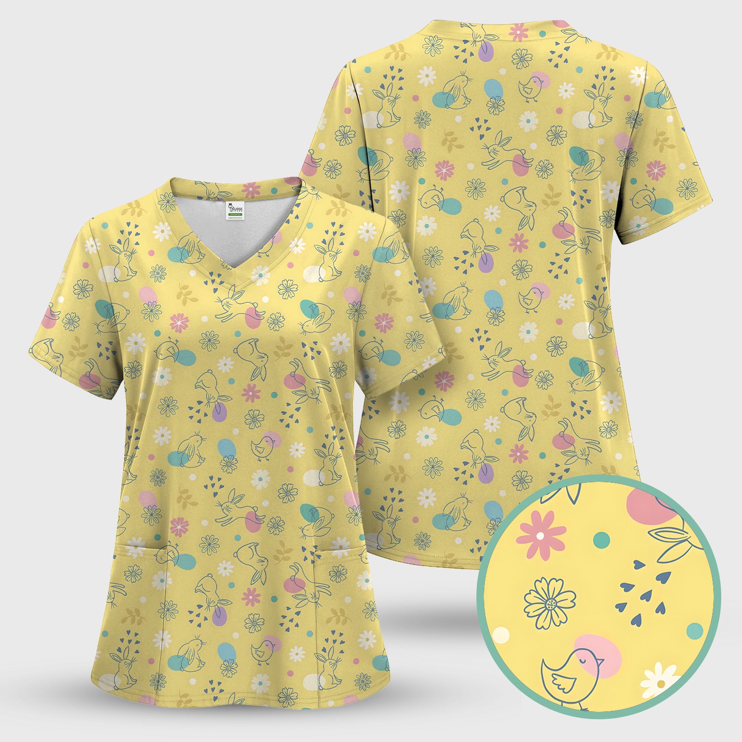 Whimsical Easter Bunny Eggs Pattern Scrub Top, Comfortable Scrubs for Nurses