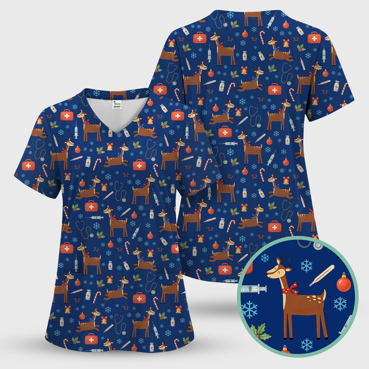 Christmas Reindeer Scrub Top for Nurses - Cute Reindeers Snowflakes Candy Canes Shirt - Comfortable Med Uniform