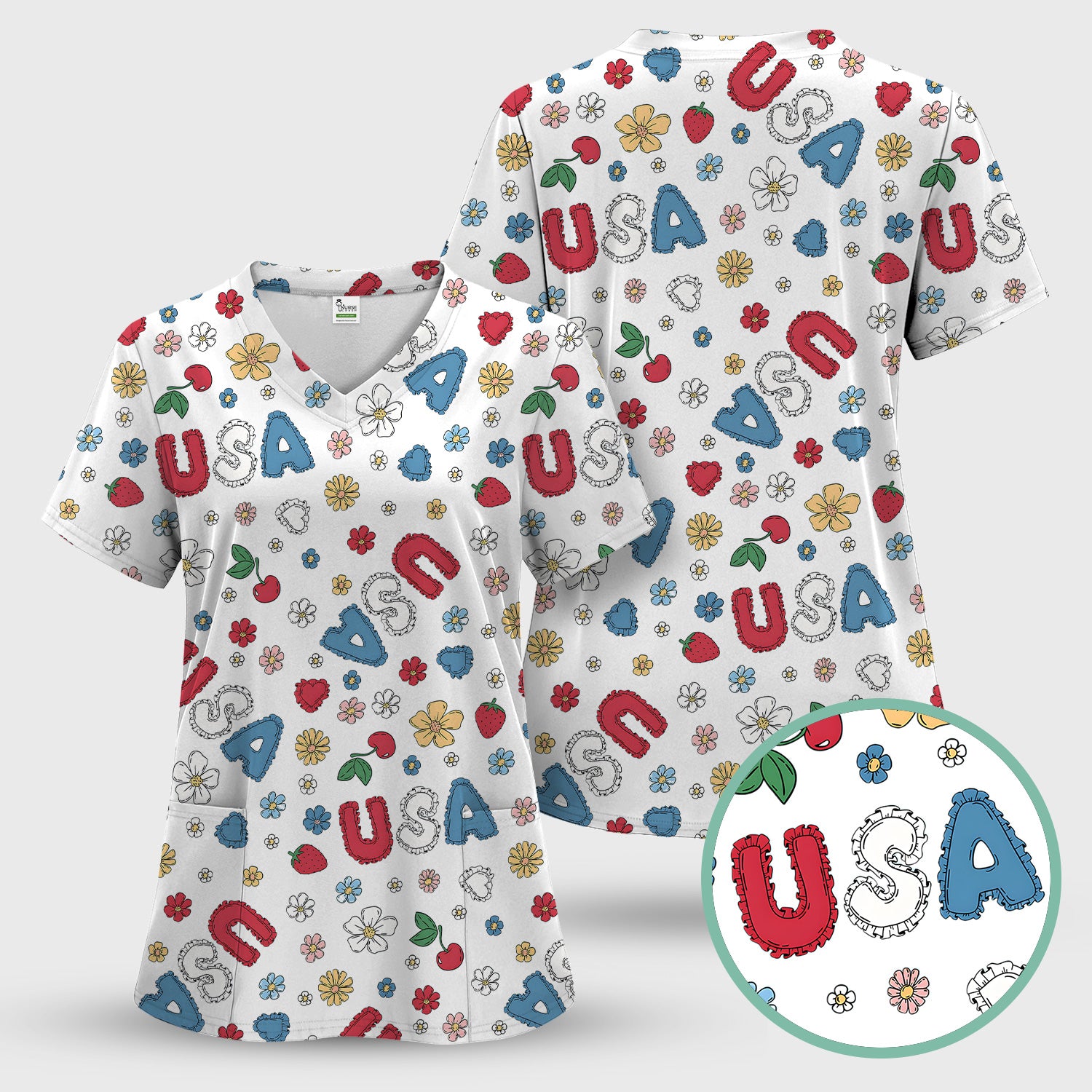 USA Cherry Strawberry Floral Patch Pattern Scrub Set, Scrub Pants and V Neck Top