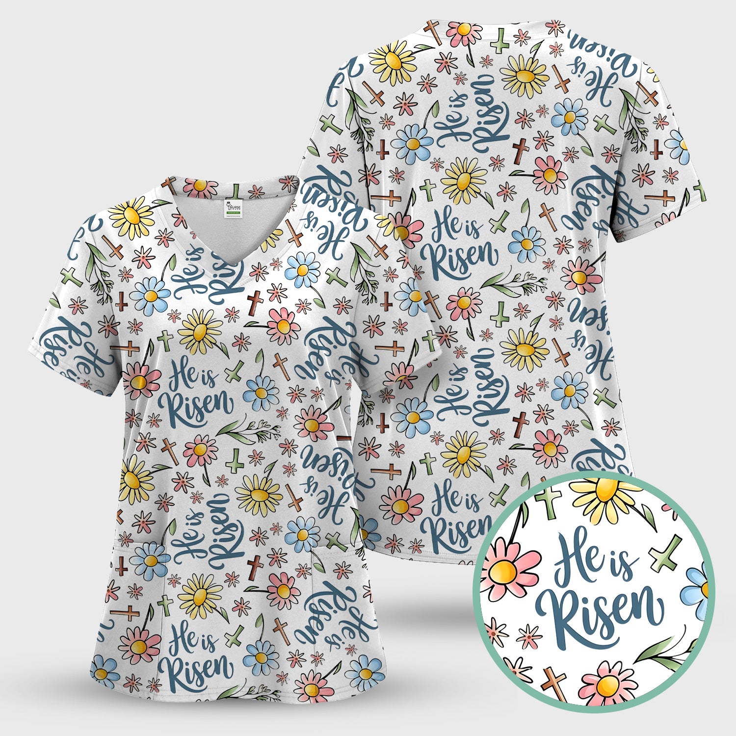 He Is Risen Cross Flower Pattern Scrub Set, Nurse Uniform Scrubs Set