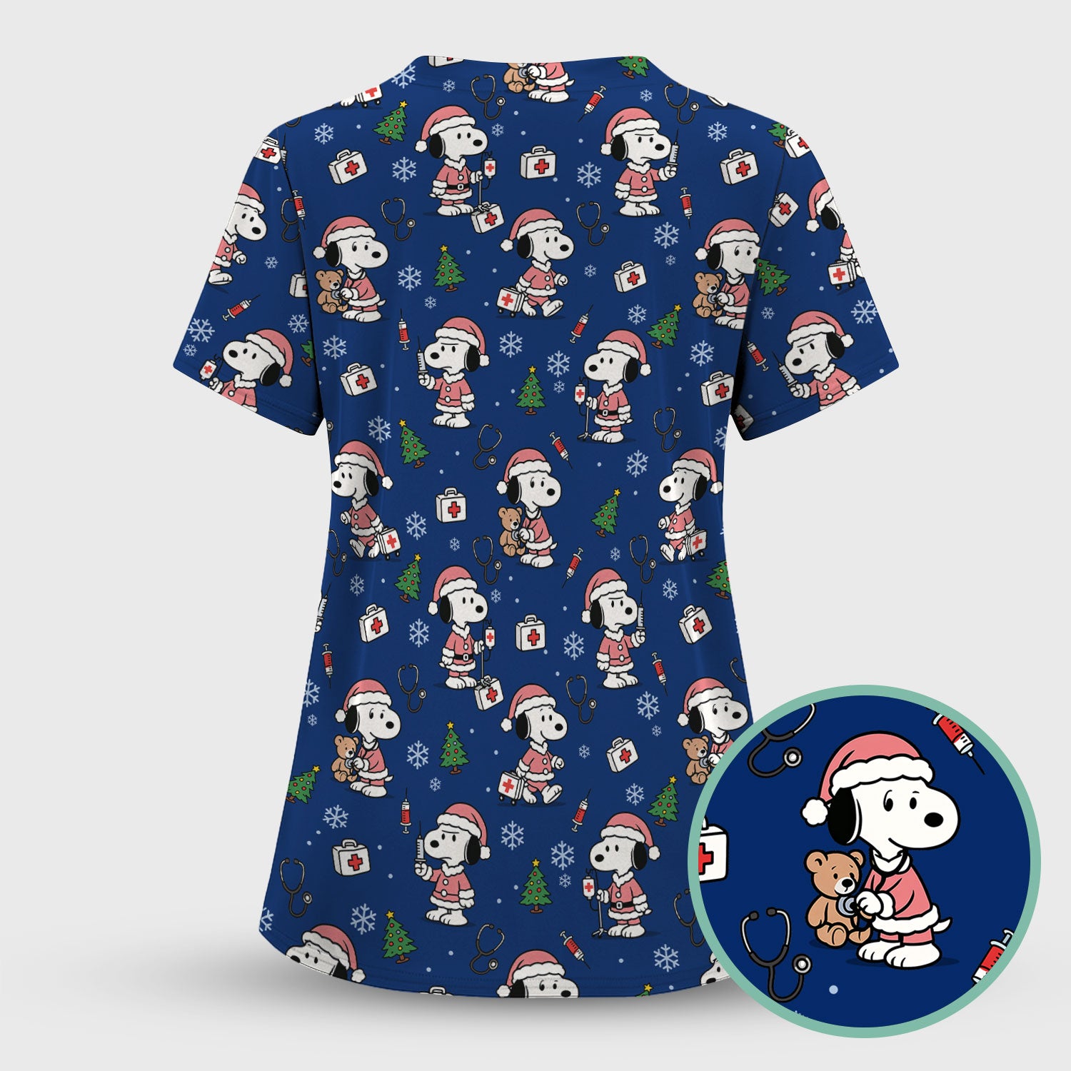 Snoopy Christmas Nurse Scrub Top for Women - Cute Cartoon Holiday Medical Uniform with Pockets - Nursing Gift for RN CNA LPN