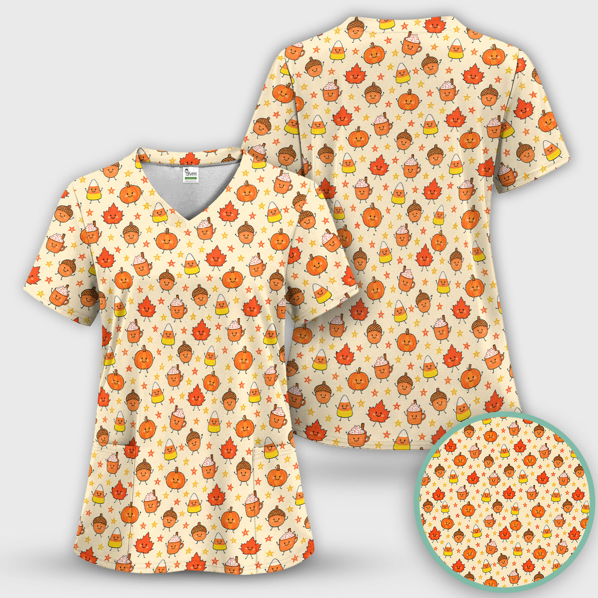Cute Fall Pumpkin Spice Doodles Scrub Set, Scrub Pants and V Neck Top