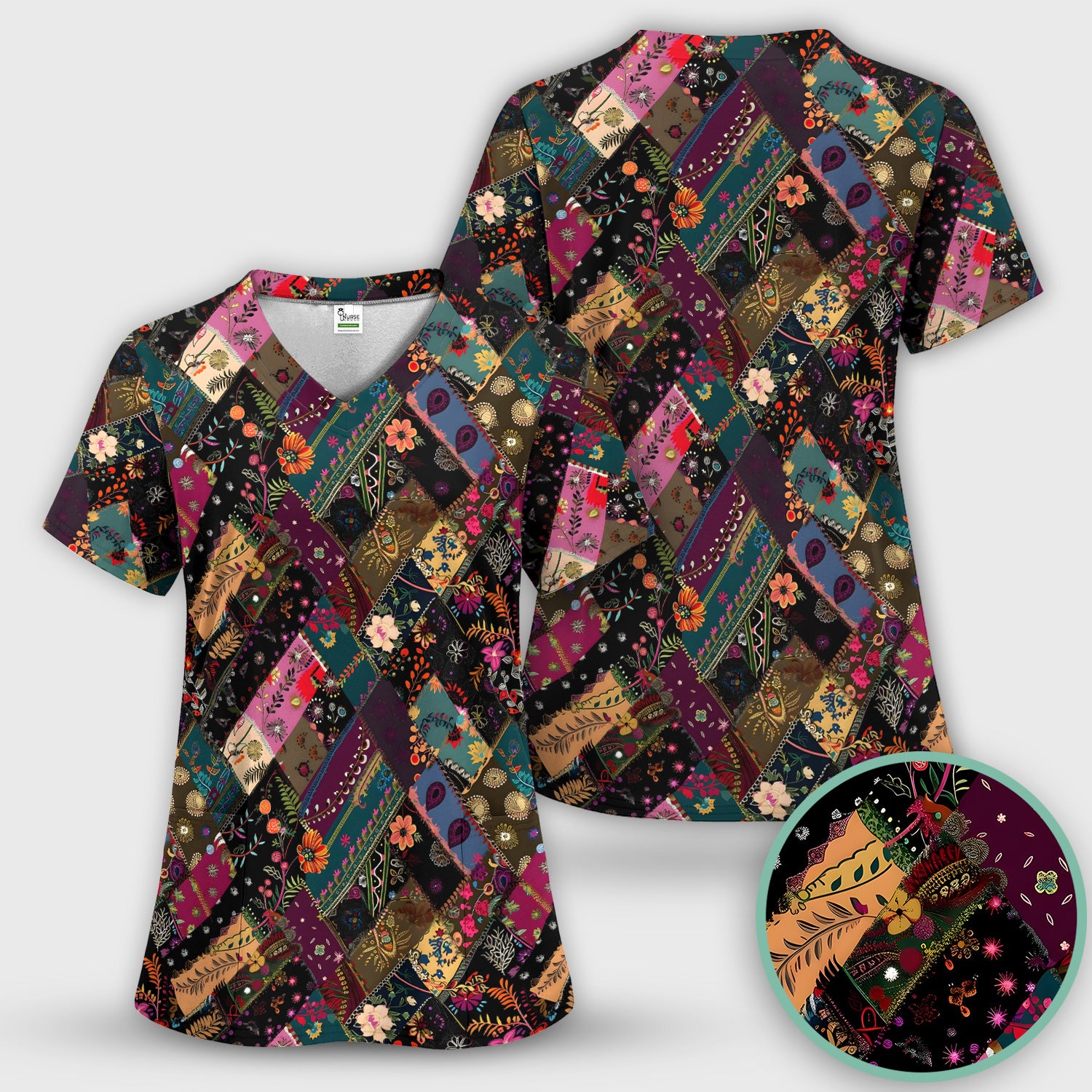Colorful Bohemian Floral Patchwork Scrub Set, Scrub Pants and V Neck Top