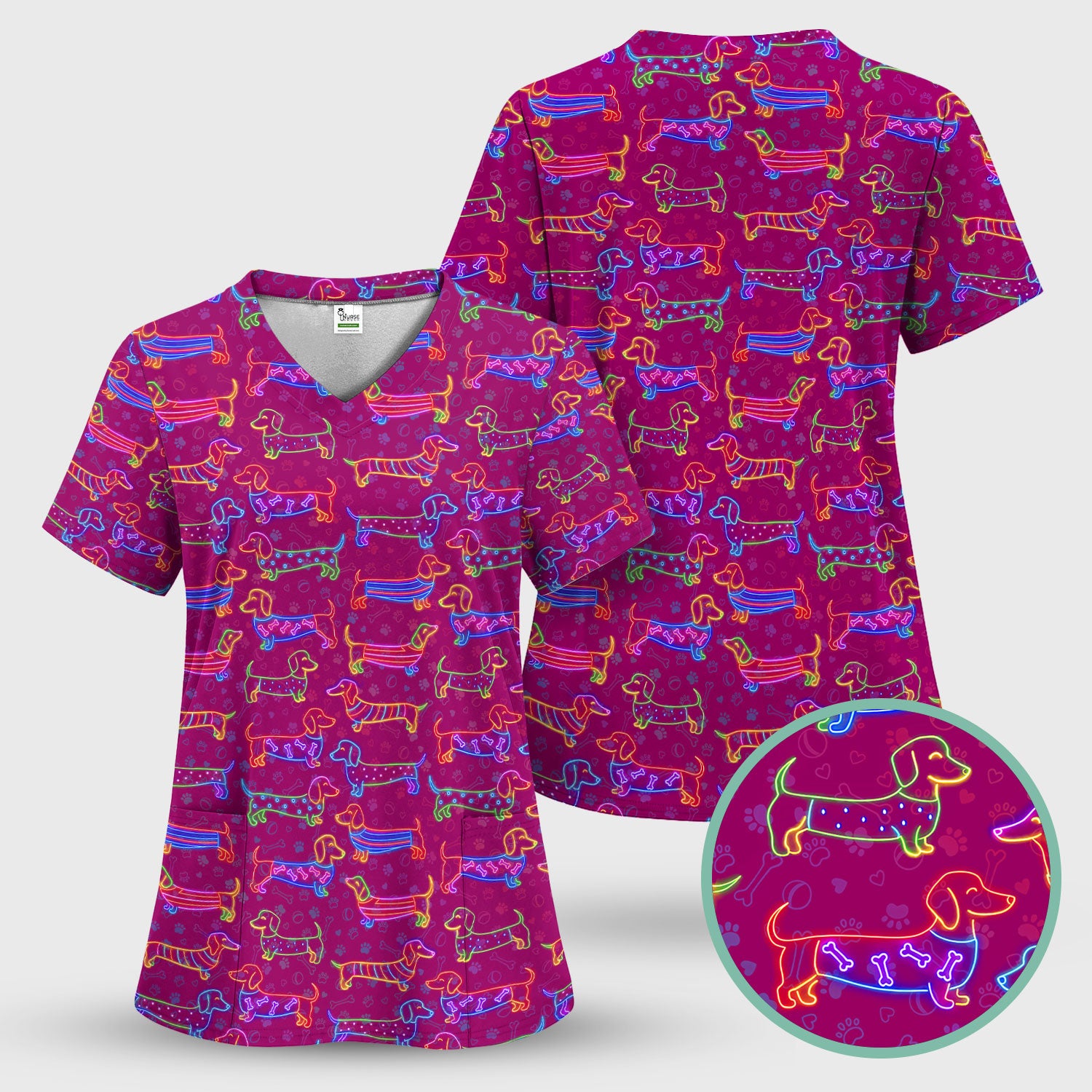Cute Dachshund Scrub Top for Women – Neon Sausage Dog Nursing Shirt – Funny Colorful Wiener Dog Gift for RN CNA LPN