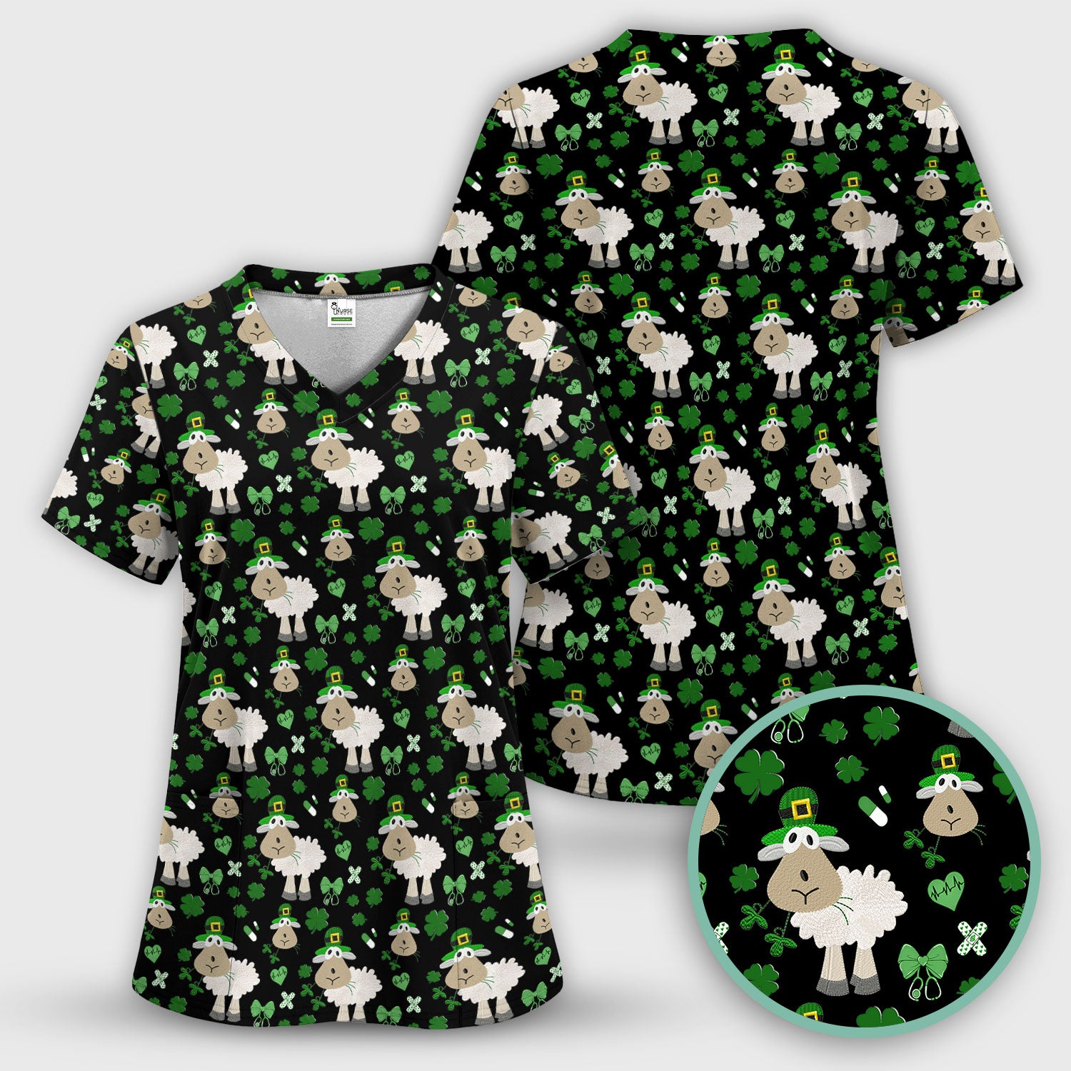Nurse St. Patrick Scrubs Top, Cute Sheep Shamrock Pattern Nurse Shirt, Breathable Fabrics Nursing Uniform