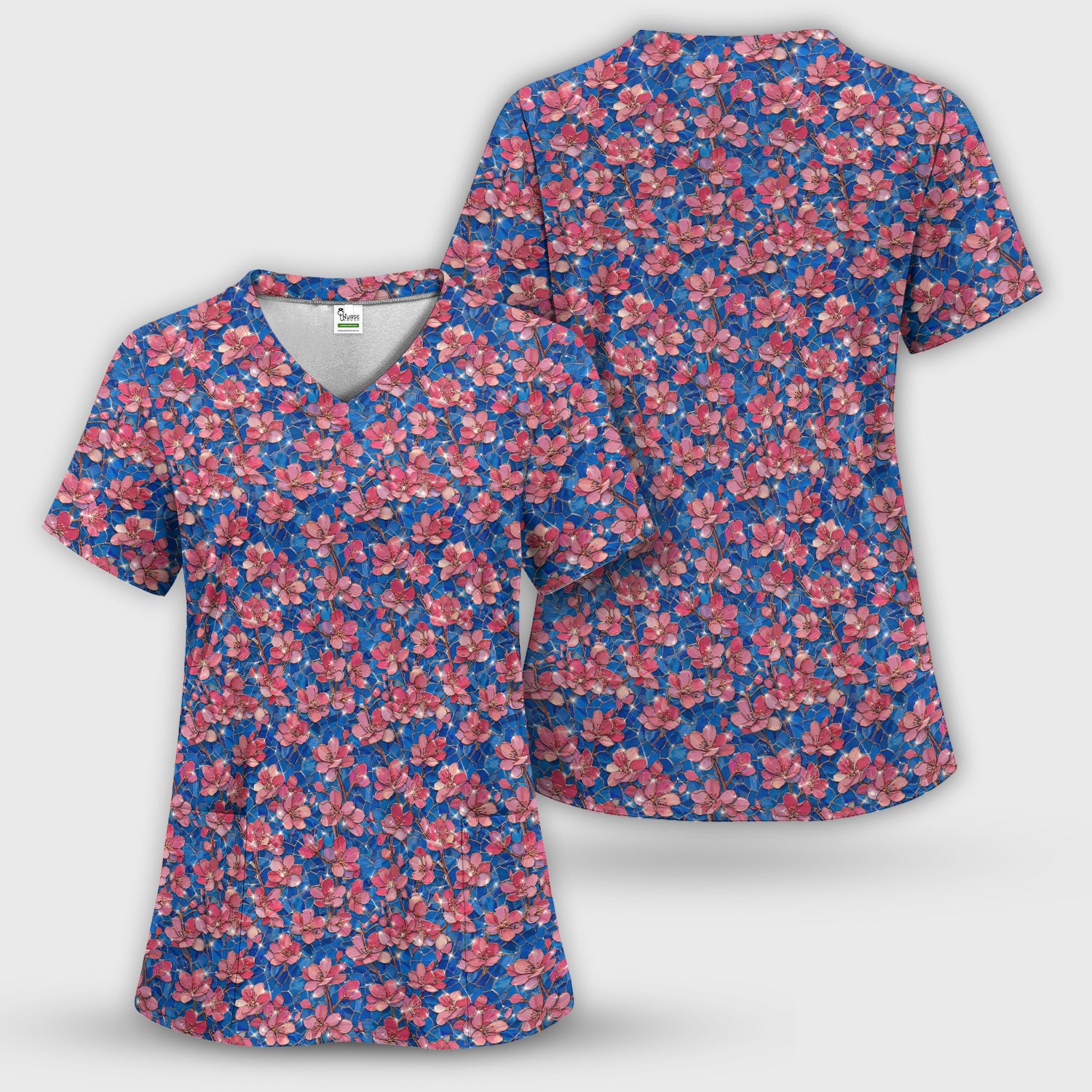 Pink Cherry Blossom Floral Pattern Scrub Set, Breathable Med Uniform