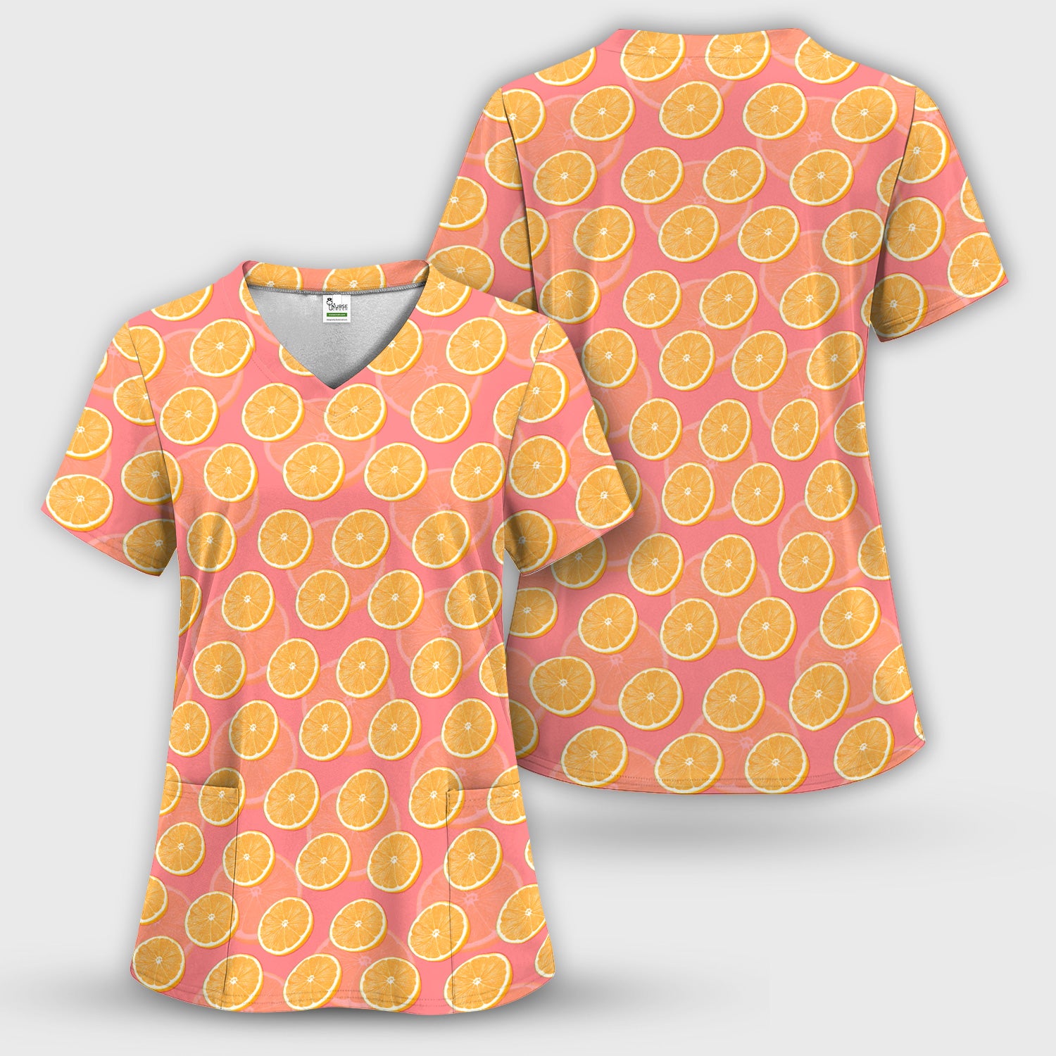 Fresh Orange Slice Pattern Scrub Set, Scrub Pants and V Neck Top