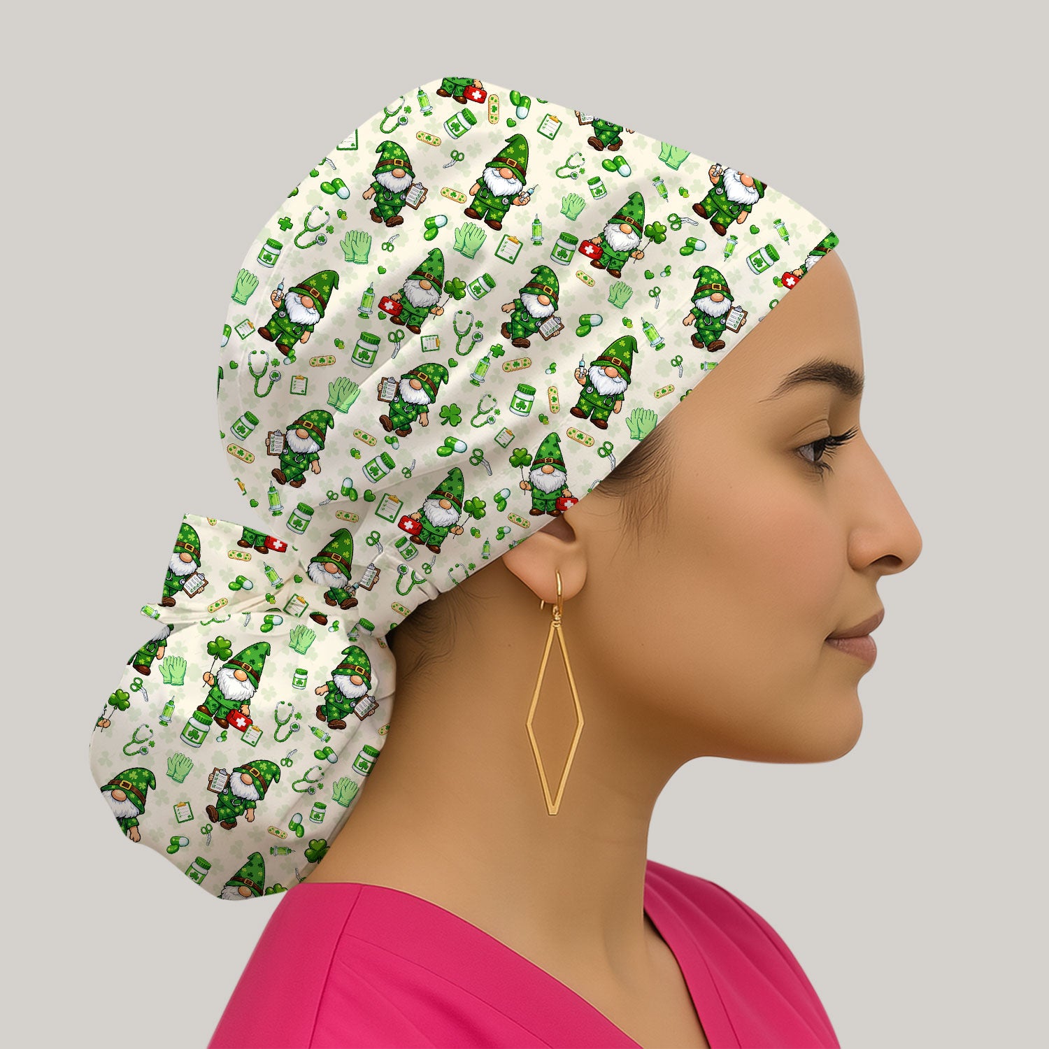 St. Patrick’s Day Nurse Gnome Scrub Cap, Green Lucky Medical Pattern Nurse Hat, Breathable Fabrics Nursing Uniform