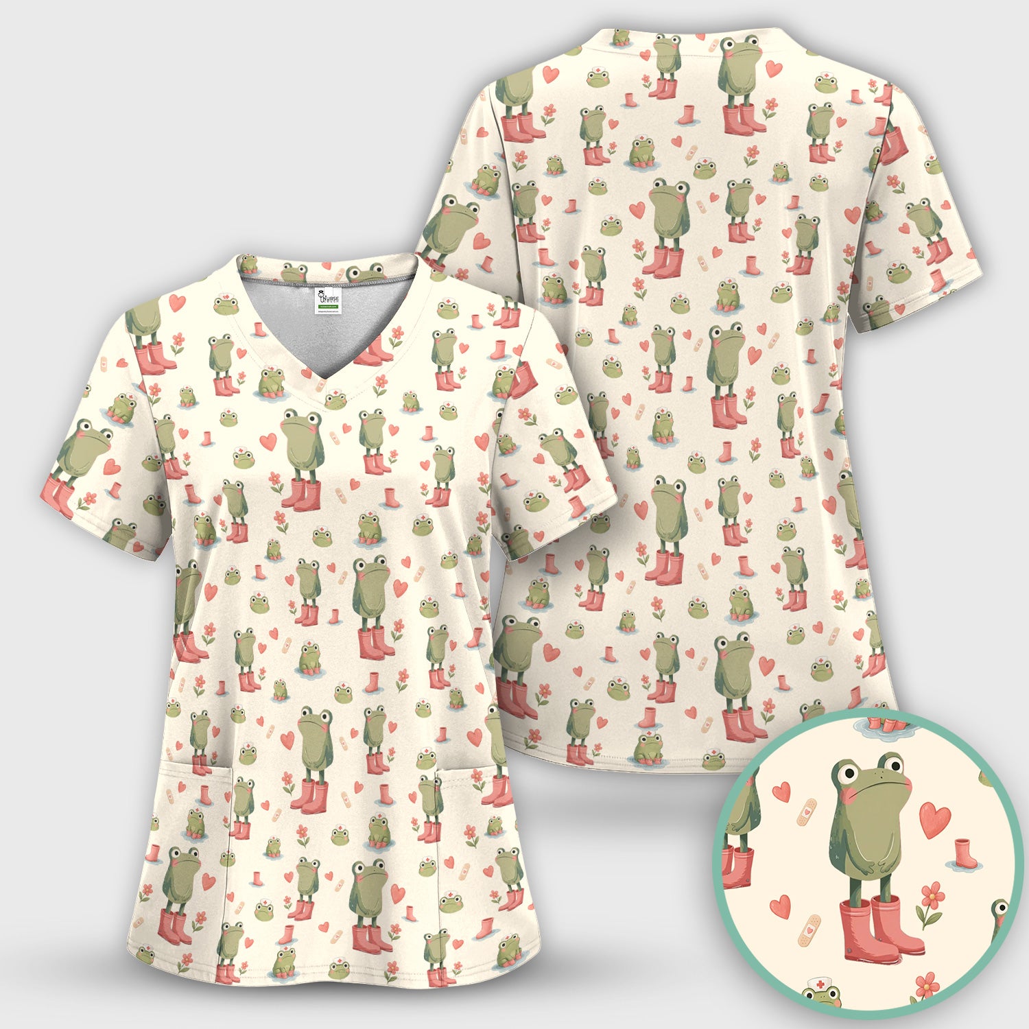 Adorable Frog Boots Heart Pattern Scrub Top, Comfortable Scrubs for Nurses