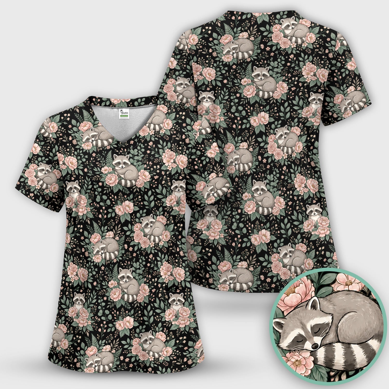 Sleeping Raccoon Rose Garden Pattern Scrub Set, Scrub Pants and V Neck Top