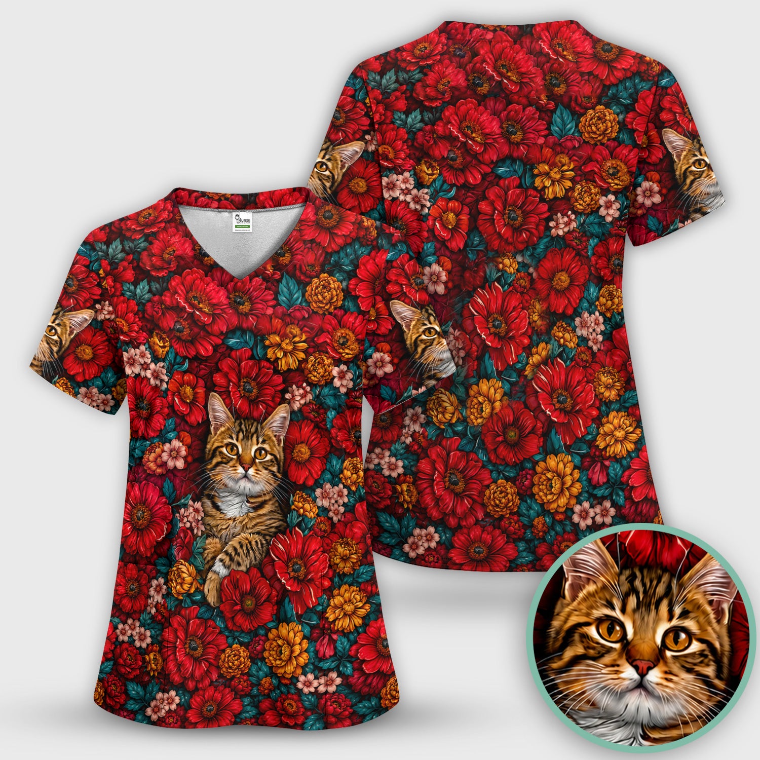 Adorable Tabby Cat Floral Garden Pattern Scrub Top, Comfortable Scrubs for Nurses