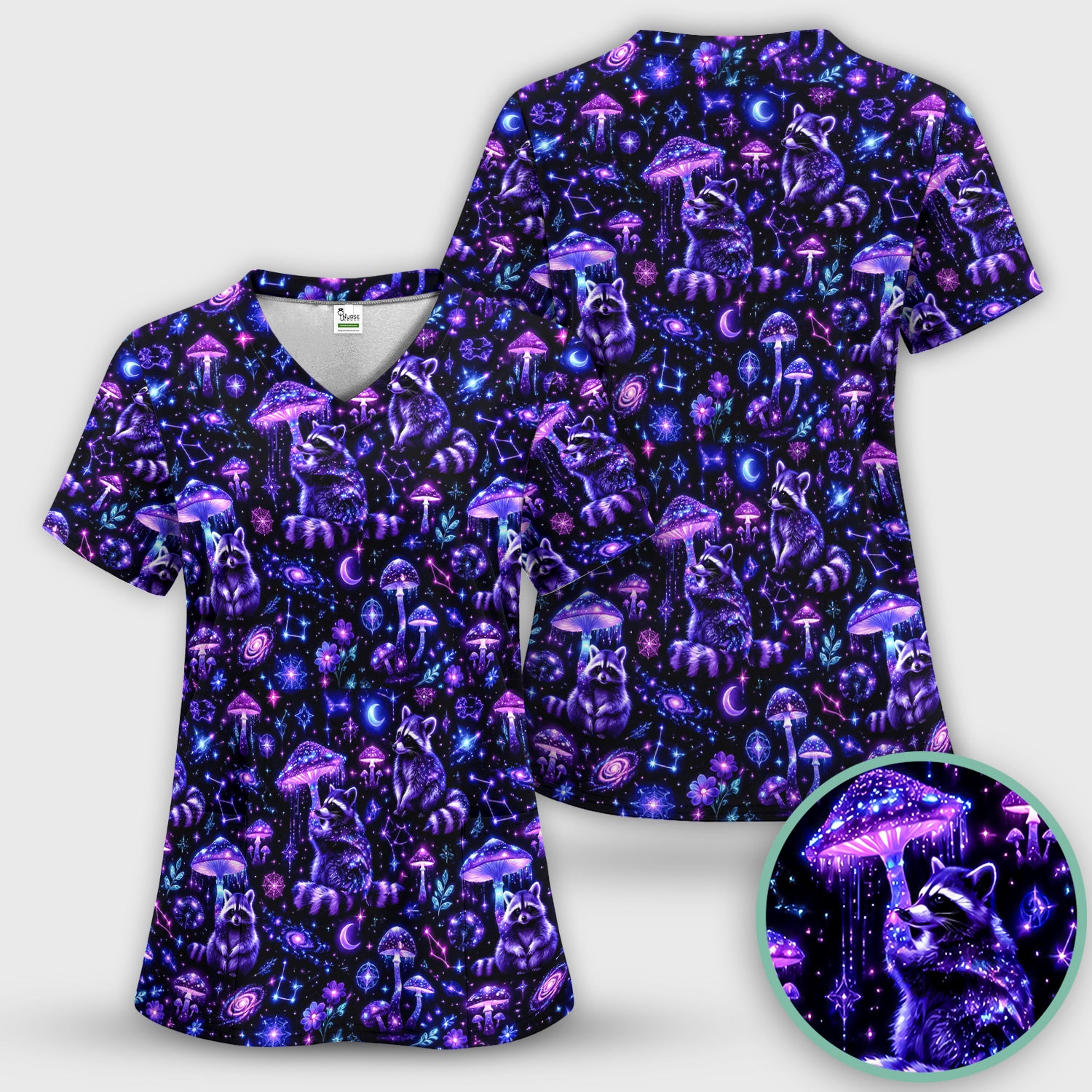 Cosmic Raccoon Mushroom Print Scrub Set, Scrub Pants and V Neck Top