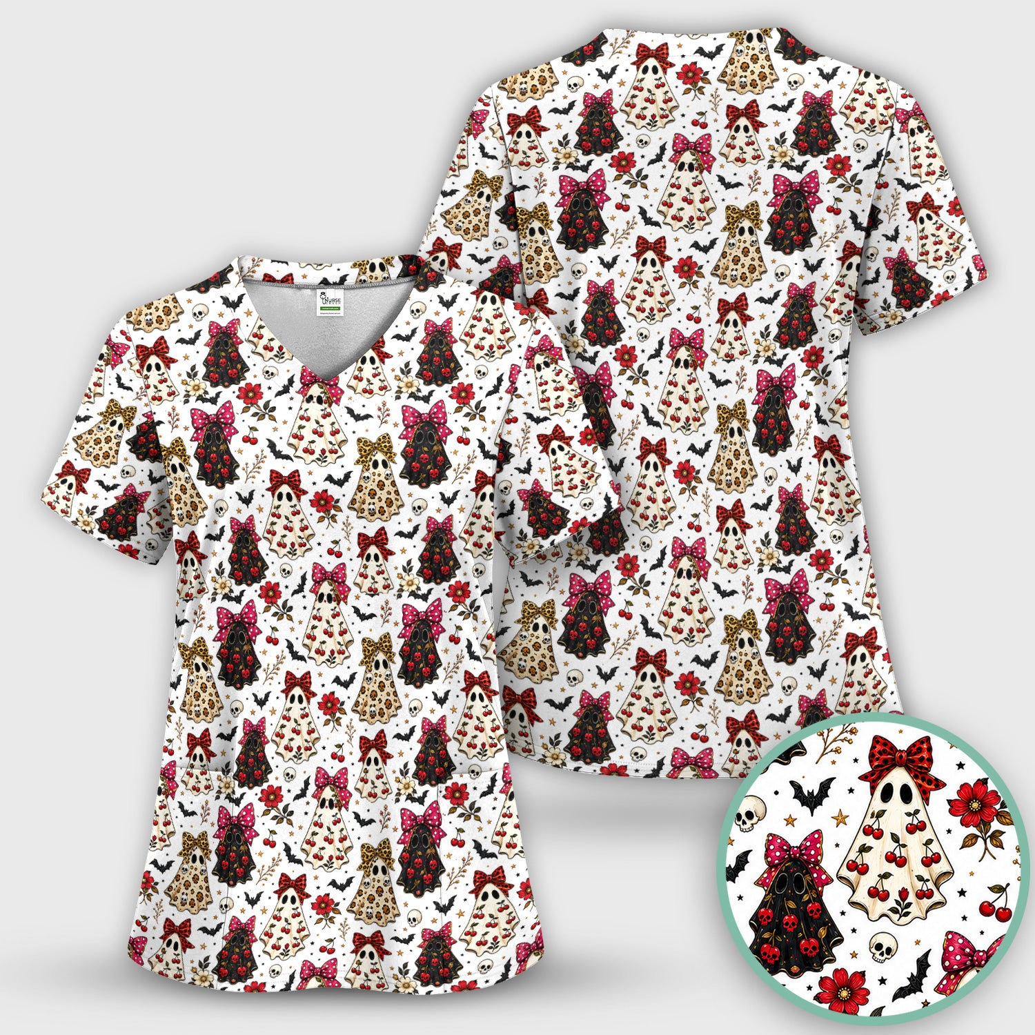 Spooky Halloween Ghost Pattern Scrub Set, Scrub Pants and V Neck Top