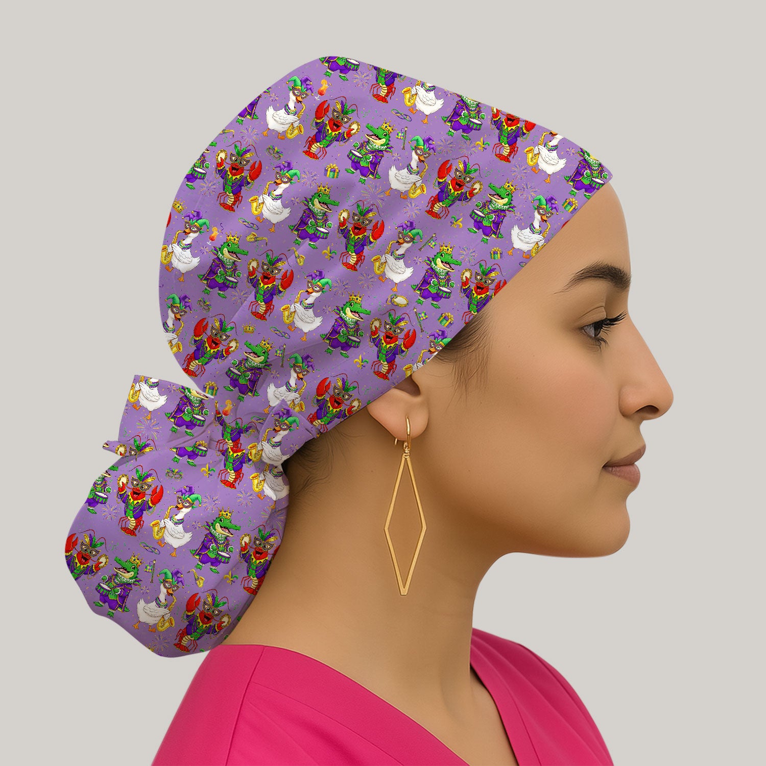 Crawfish And Duck Carnival Scrub Cap, Mardi Gras Parade Pattern Nurse Hat, Breathable Fabrics Nursing Uniform