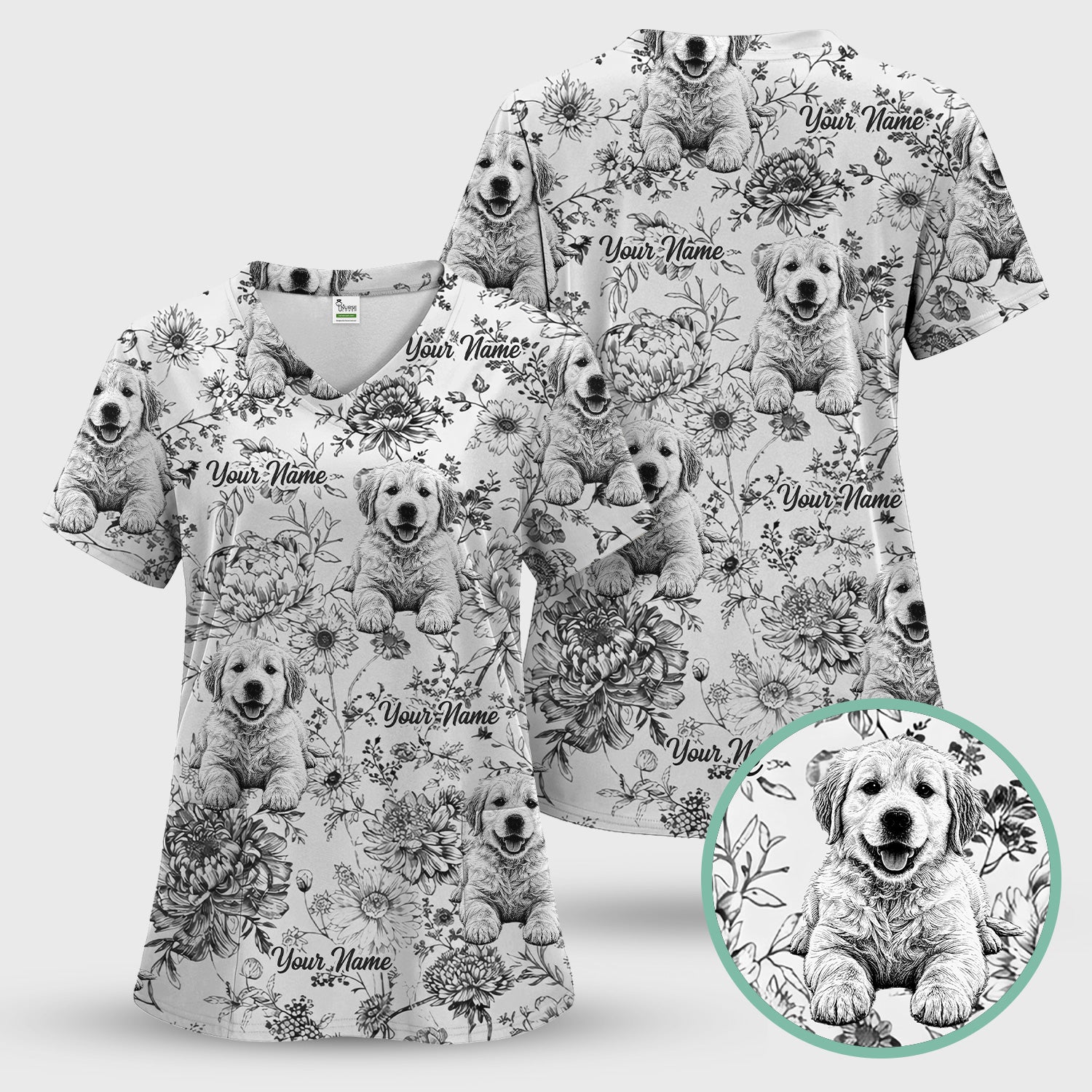 Personalized Custom Pet Photo Name Floral Pattern Scrub Top, Breathable Fabrics Nursing Uniform