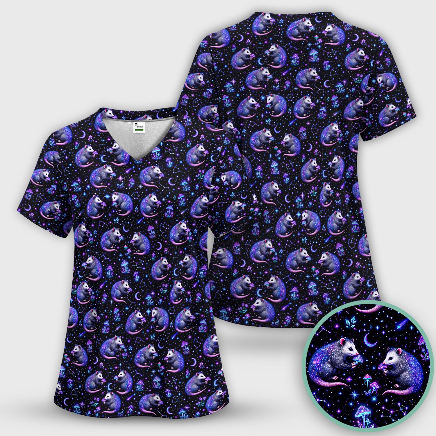 Celestial Purple Opossum With Mushroom Pattern Scrub Set, Scrub Pants and V Neck Top
