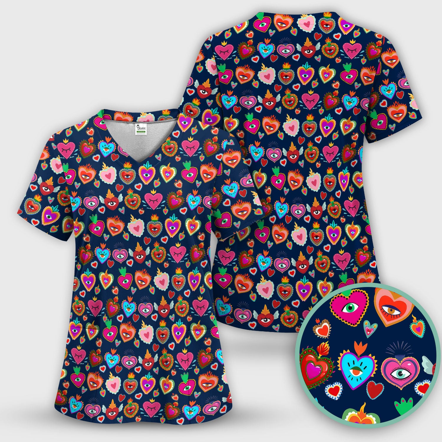 Valentine Colorful Sacred Heart Print Medical Scrub Top, Comfortable Scrubs for Nurses