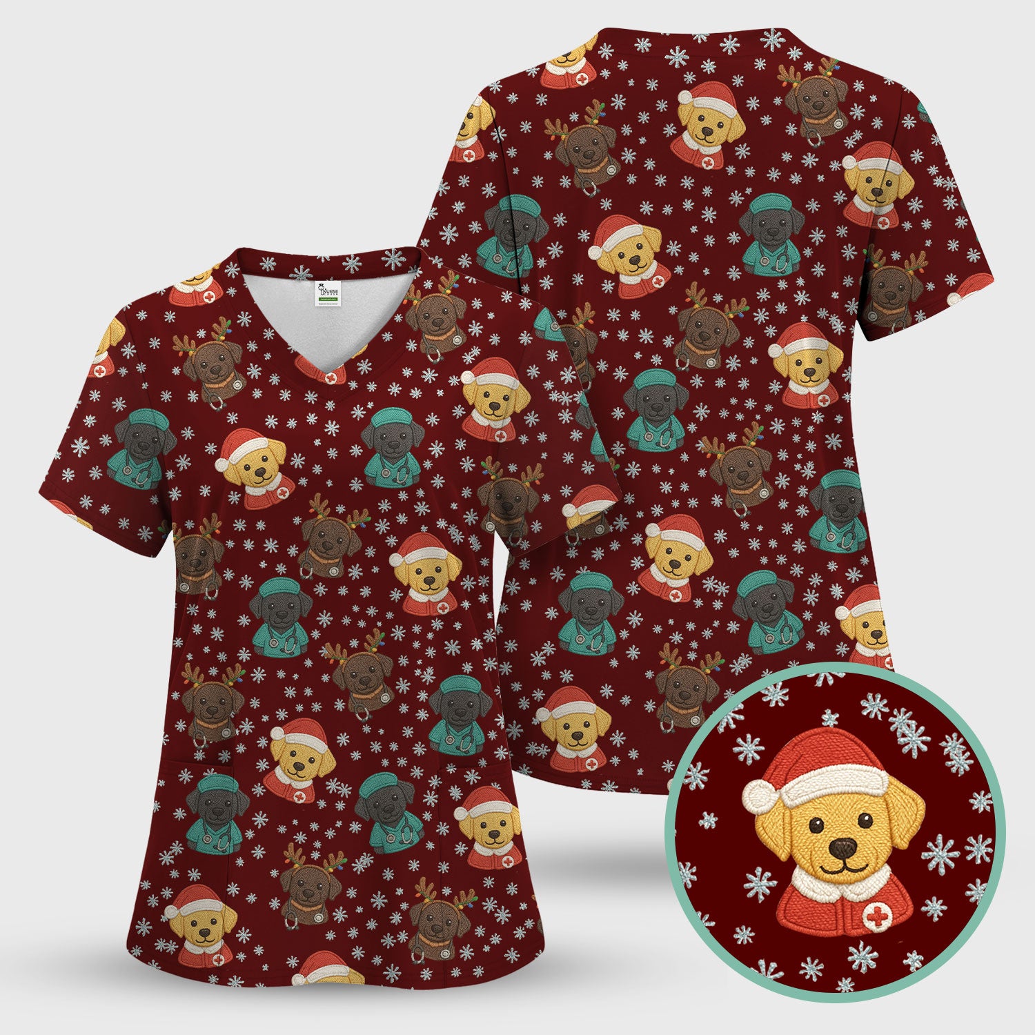 Christmas Dog Pattern Scrub Top, Cute Puppy Nurse Scrub Shirt, Holiday Nursing Uniform