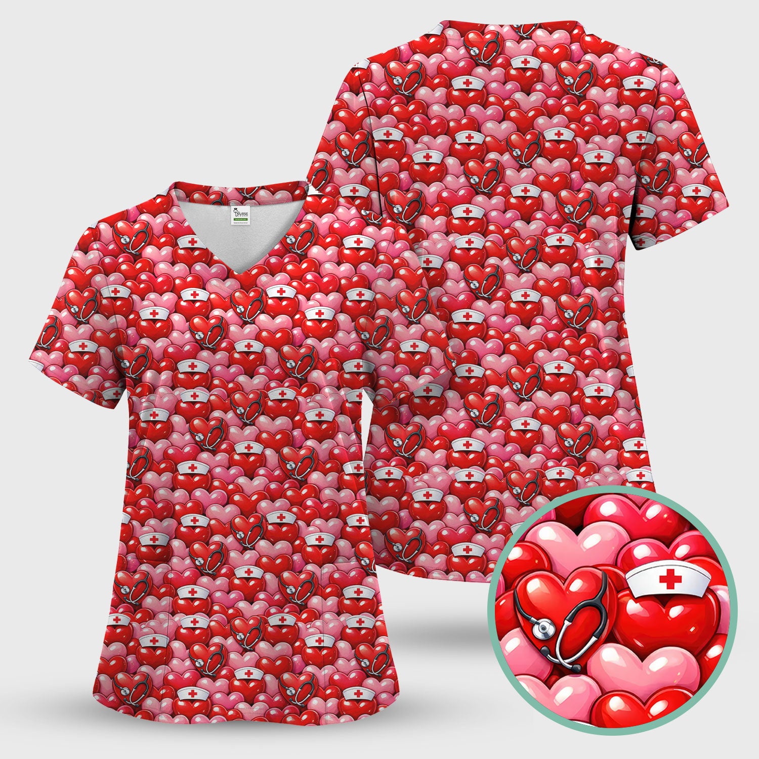 Valentine Pattern Nurse Scrub Top, Heart With Stethoscope Love Medical Shirt For Women, Breathable Fabrics Nursing Uniform