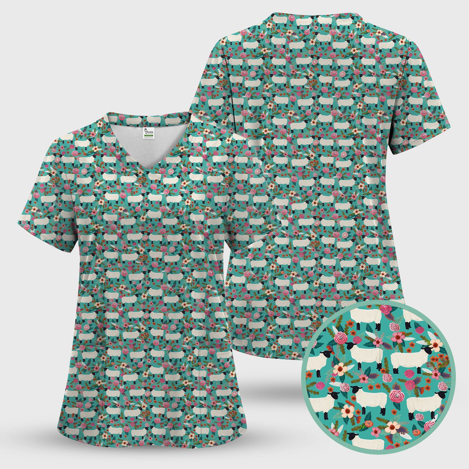 Cute Sheep Floral Meadow Pattern Scrub Set, Nurse Uniform Scrubs Set