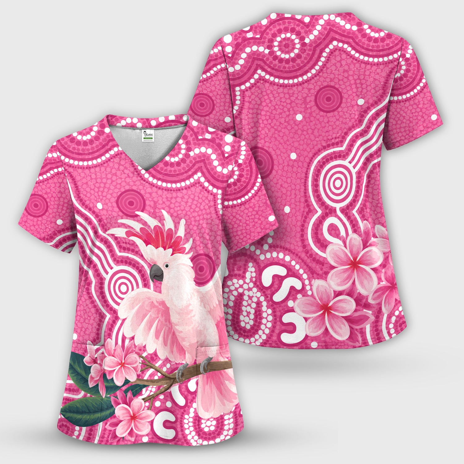 Pink Cockatoo Floral Dot Pattern Scrub Top, Comfortable Scrubs for Nurses