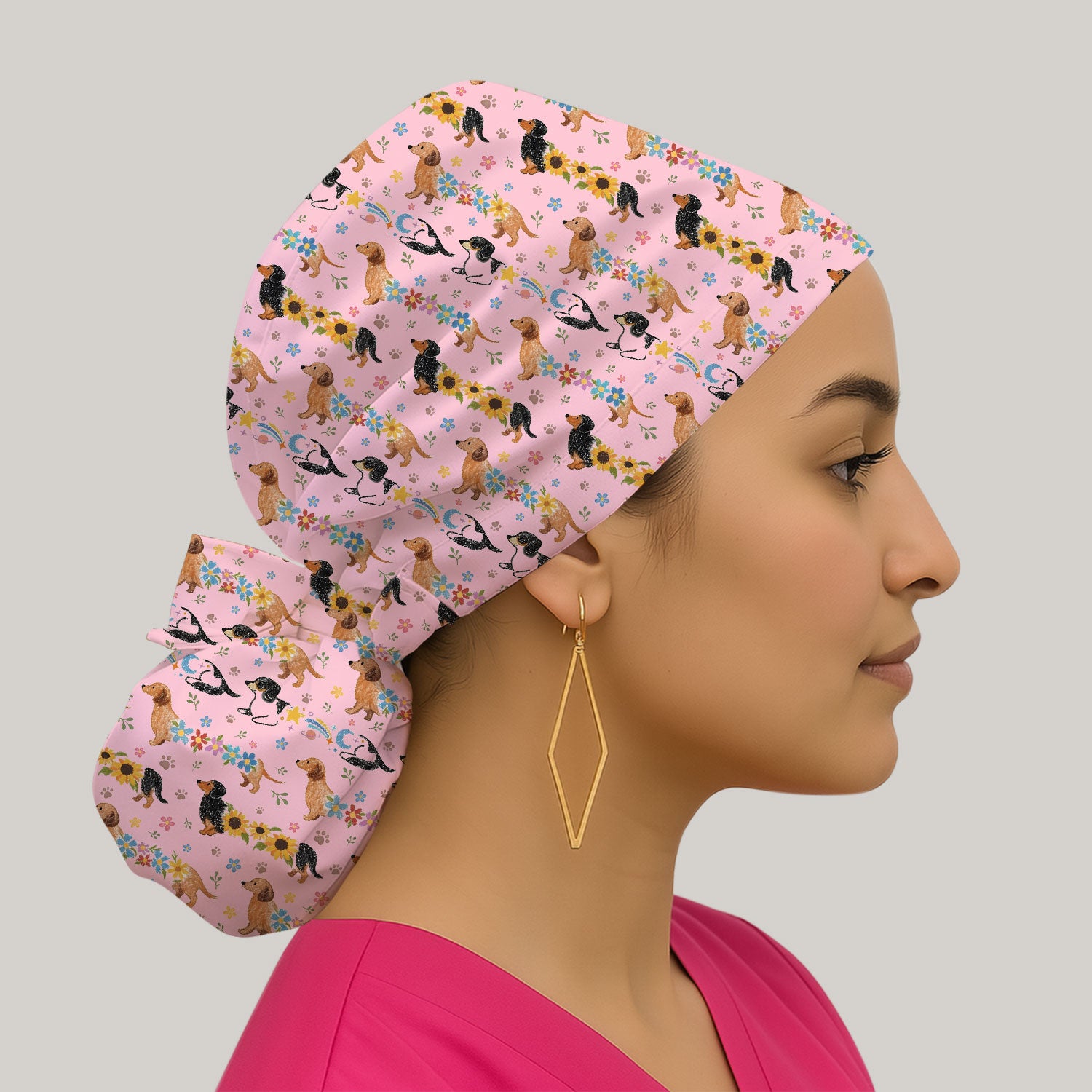 Floral Wiener Dog Pattern Print Cap, Bouffant Scrub Caps for Women