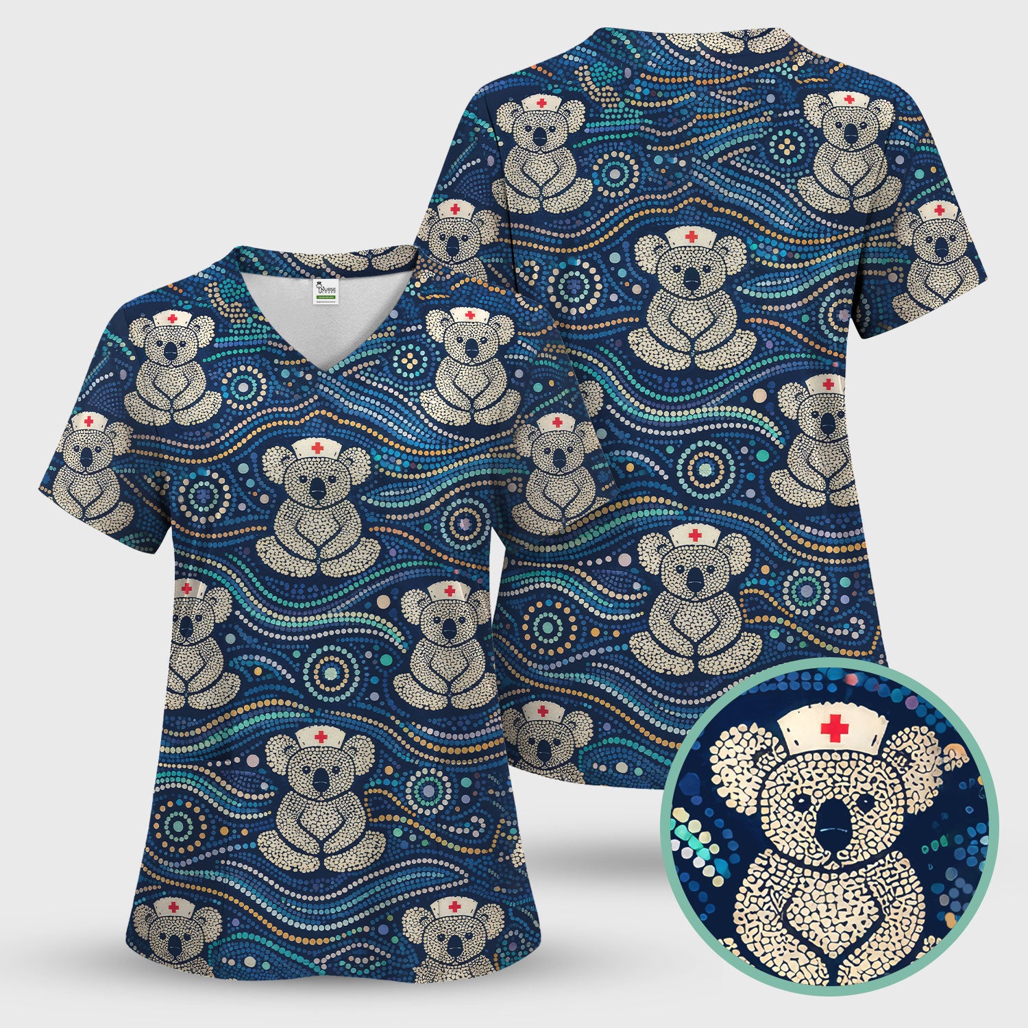 Koala Pattern Nurse Scrub Set, Aboriginal Dot Art Medical Shirt For Women, Breathable Fabrics Nursing Uniform